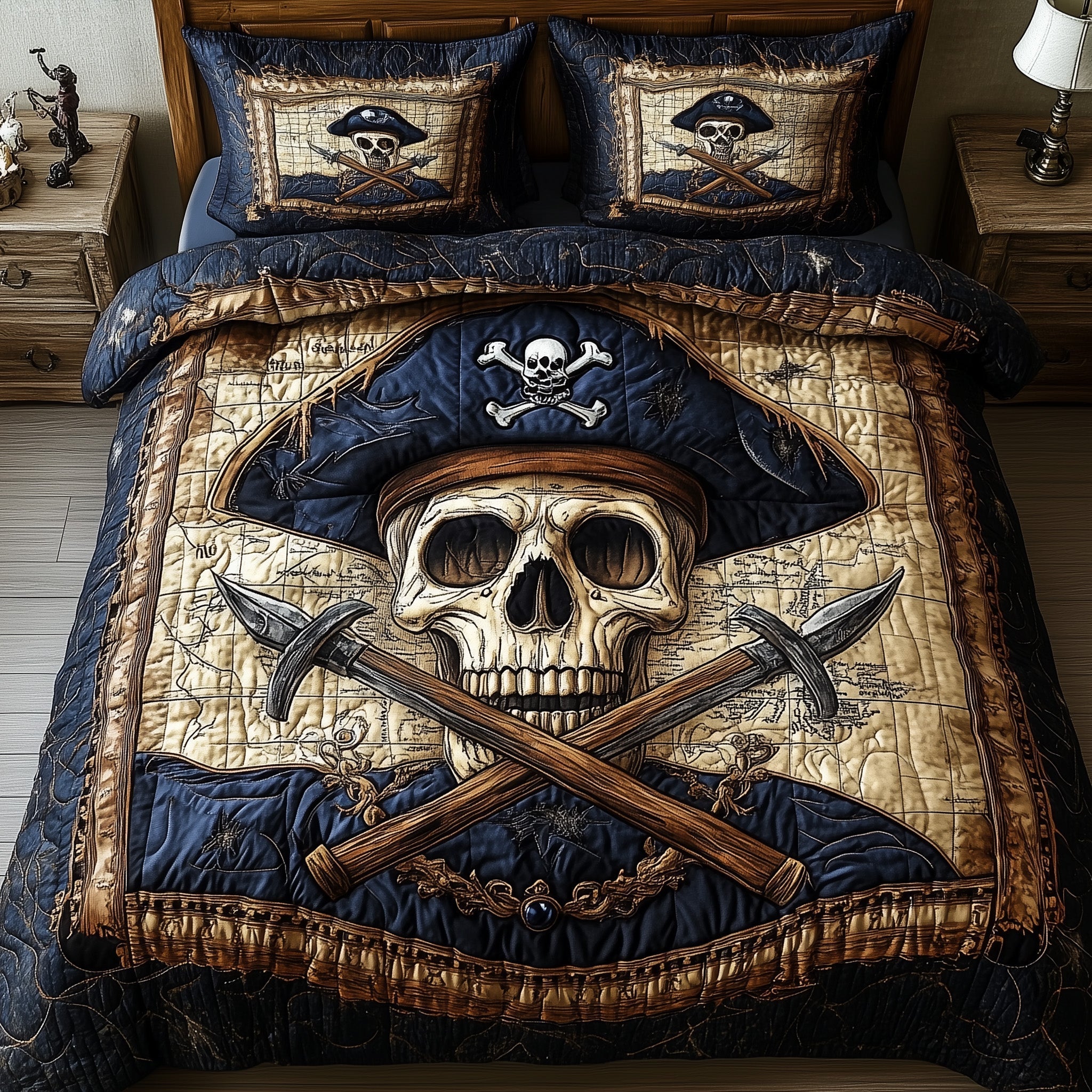 Skull Pirate Quilted Bedding Set Bed Room Decoration Skull Christmas Gifts