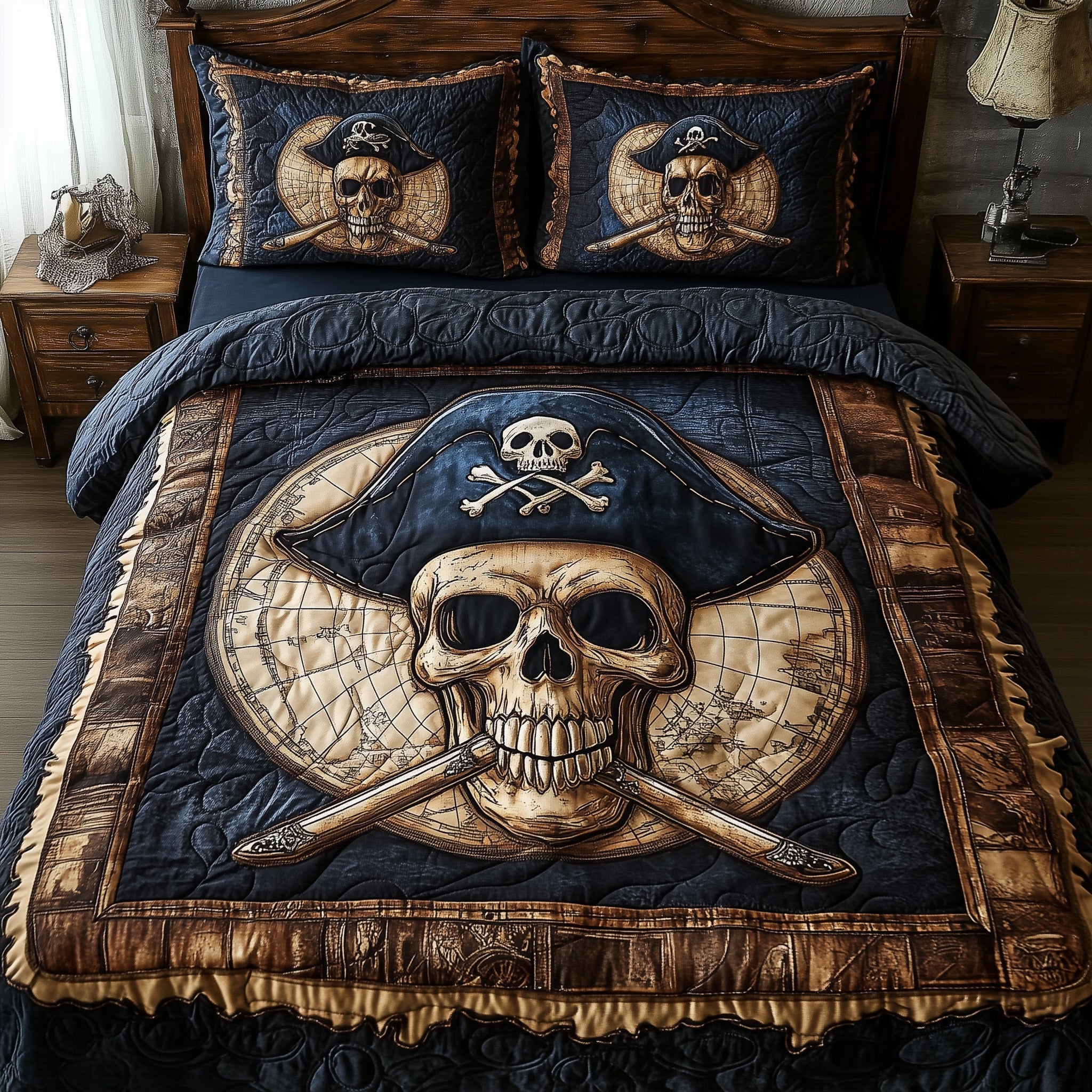 Skull Pirate Quilted Bedding Set Boho Bedroom Ideas Gifts For People Who Like Skulls
