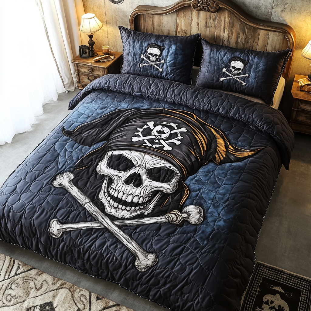 Skull Pirate Quilted Bedding Set Cozy Bedroom Decor Skull Stuff For Guys