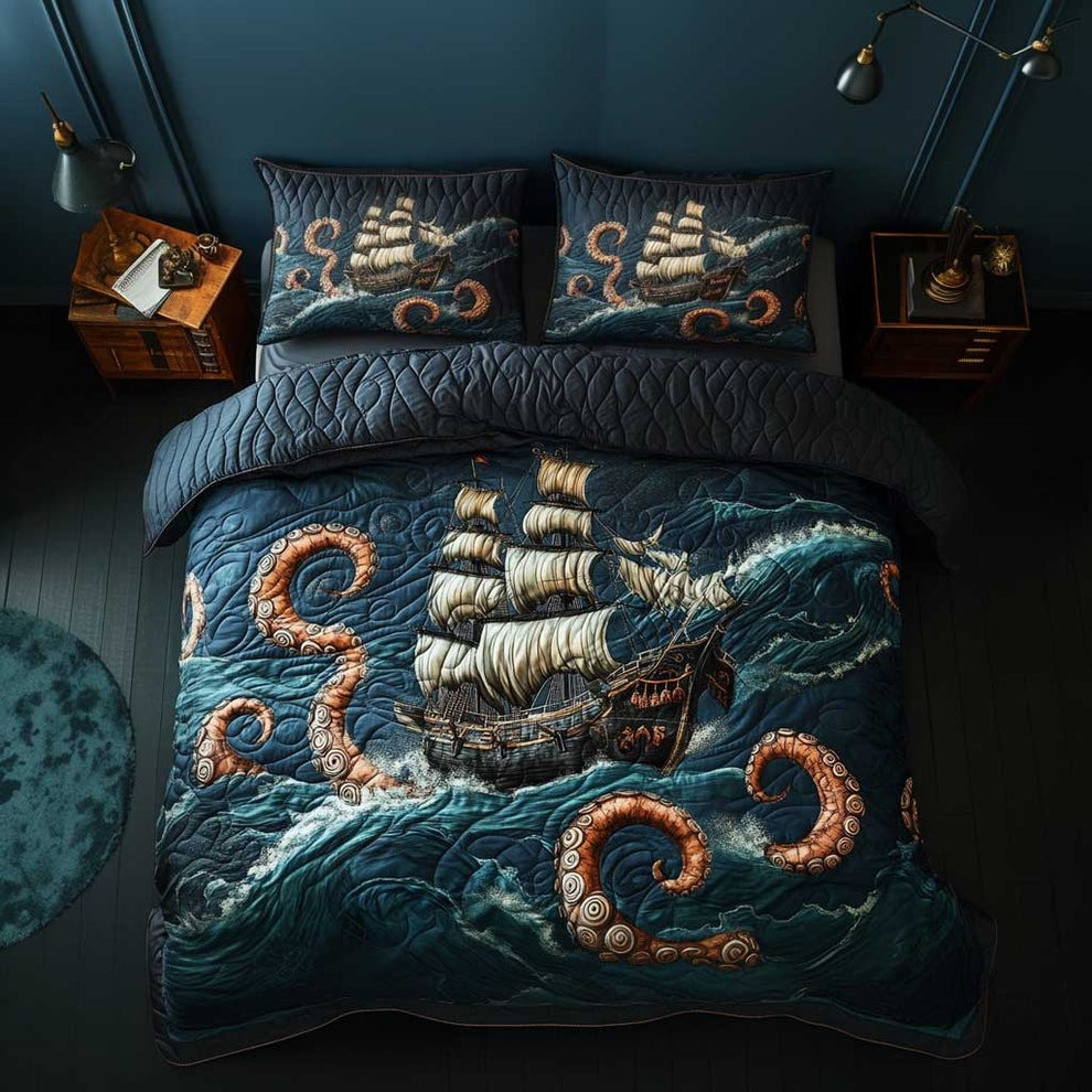 Skull Pirate Ship Quilted Bedding Set Kraken Themed Duvet Cover Bedroom Decor Gifts