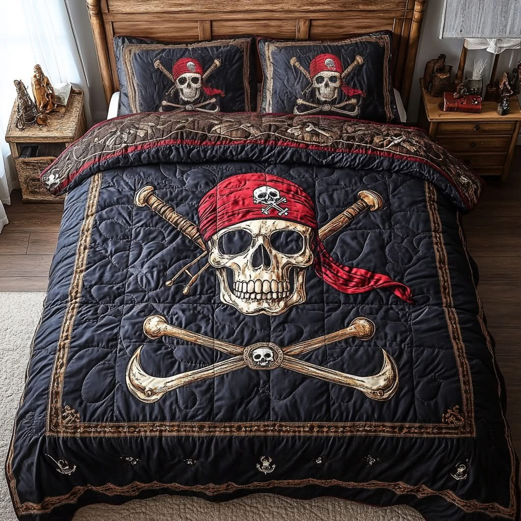 Skull Pirates Quilted Bedding Set Duvet Cover Skull Pirate Lover Themed Gifts For Adults