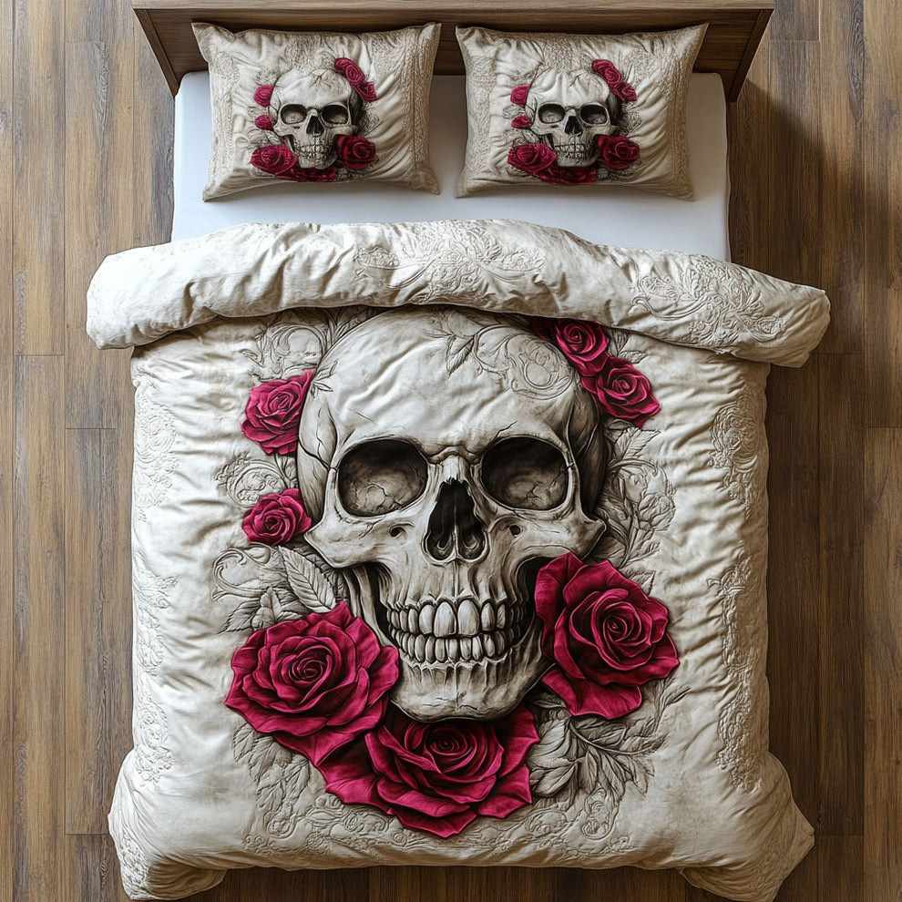 Skull Red Rose Quilted Bedding Set Floral Skull Bed Sheet Set Bedroom Decor Gifts Ideas