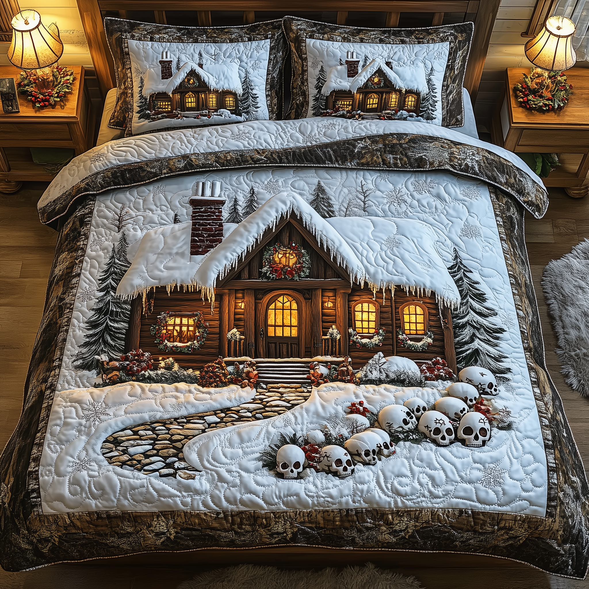 Skull Snow Cabin Quilted Bedding Set Best Christmas Comforters Skull Related Gifts