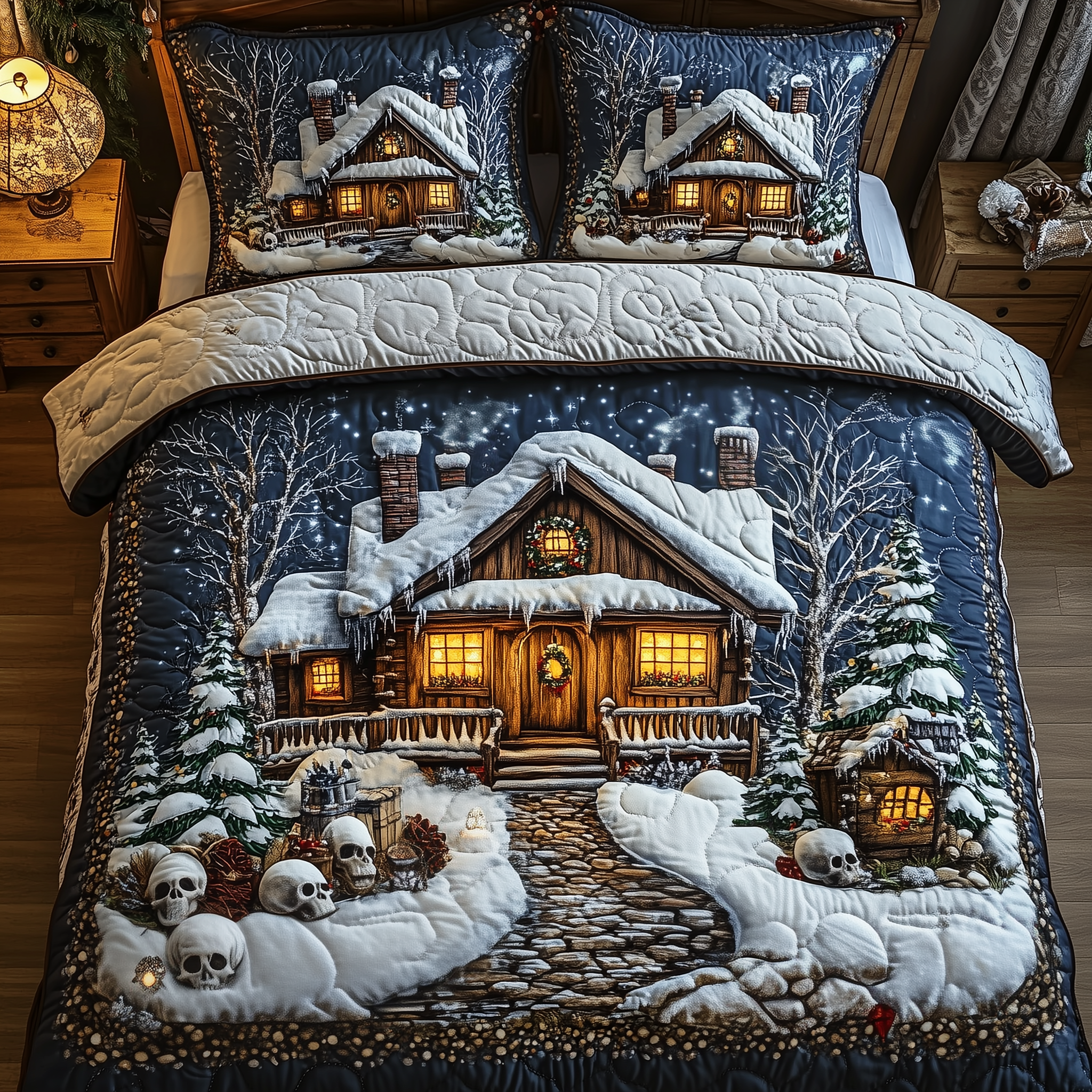 Skull Snow Cabin Quilted Bedding Set Christmas Beddings Skull Inspired Gifts