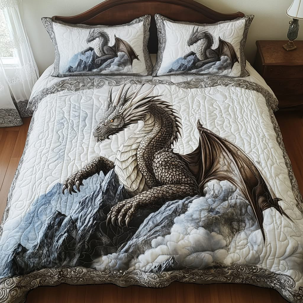Skybound Scales Quilted Bedding Set Dragon Themed Bedspread Set Unique Dragon Gifts