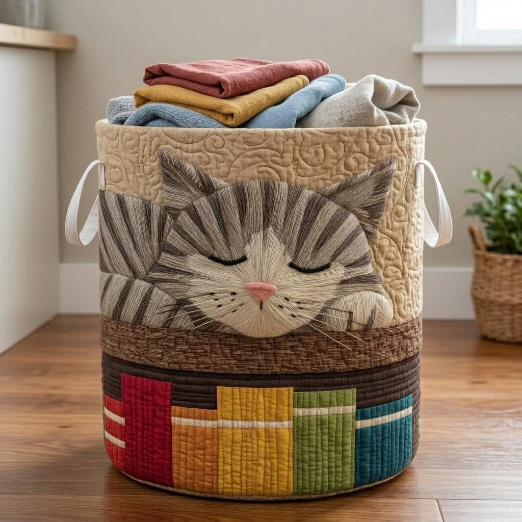 Sleeping Cat On Book Quilted Laundry Basket Patchwork Merch Gift For Cat Lovers