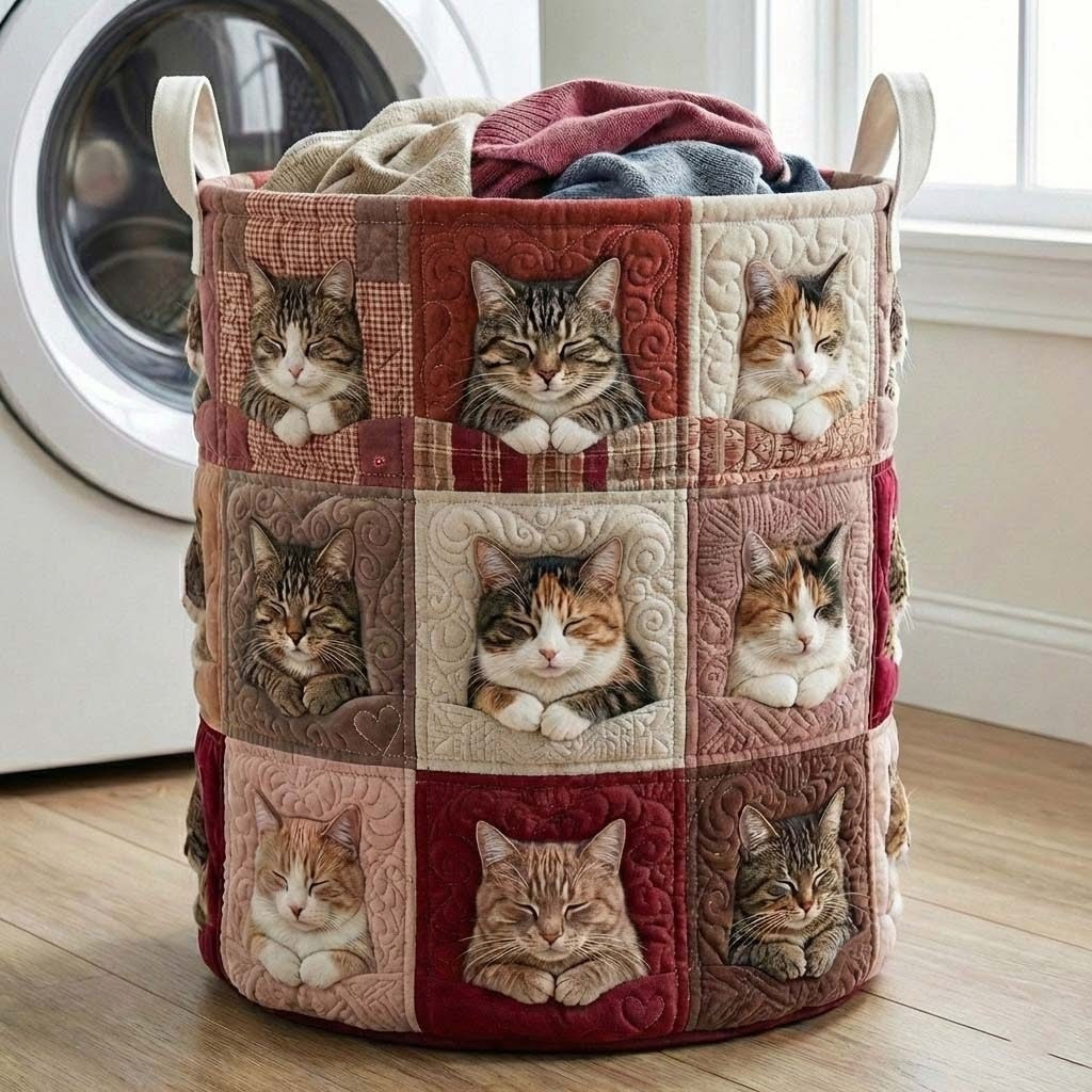 Sleeping Cat Quilted Laundry Basket Patchwork Merch Gift For Cat Lovers