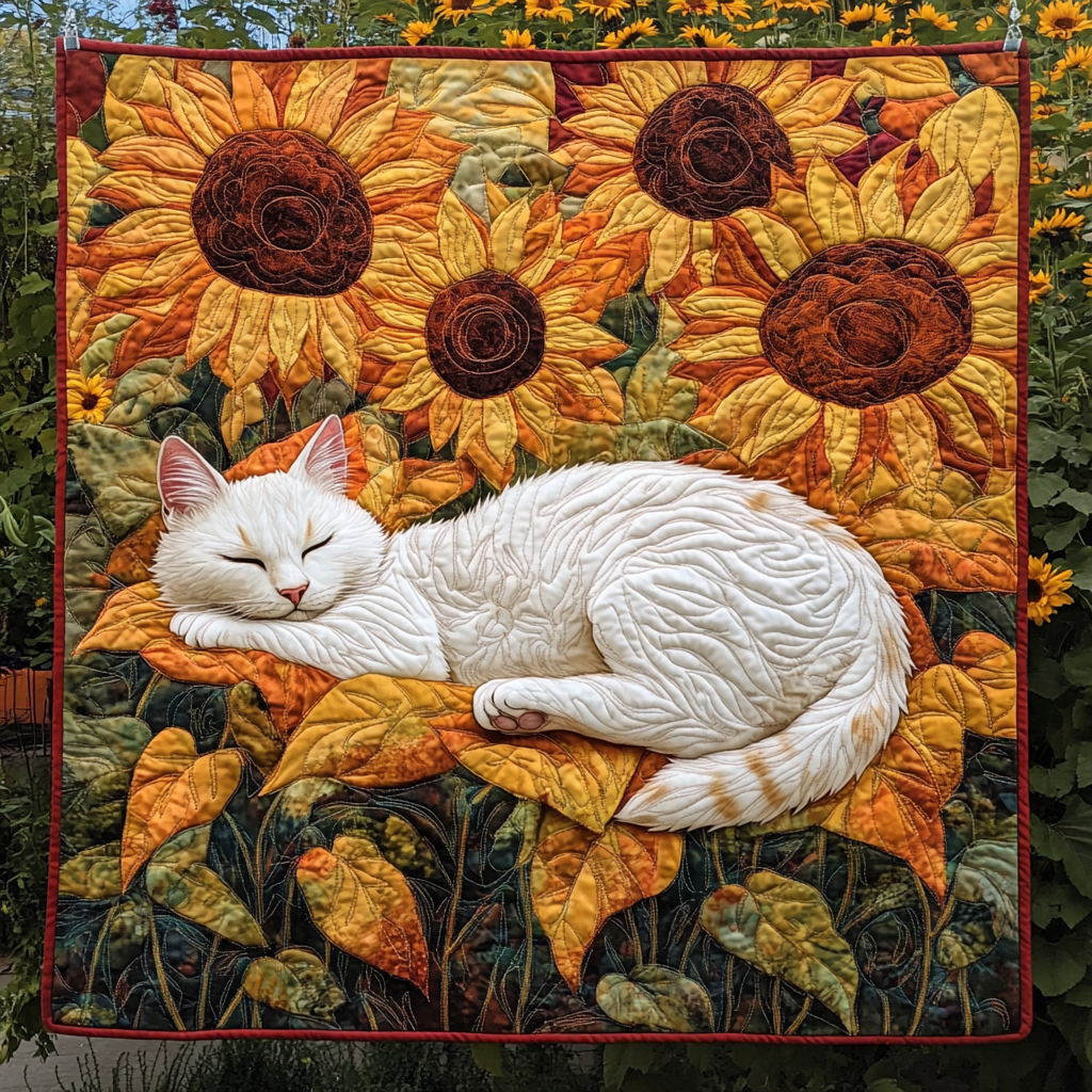 Sleeping Cat Sunflower Quilted Blanket Bed Decorations Gift Ideas For Cat People
