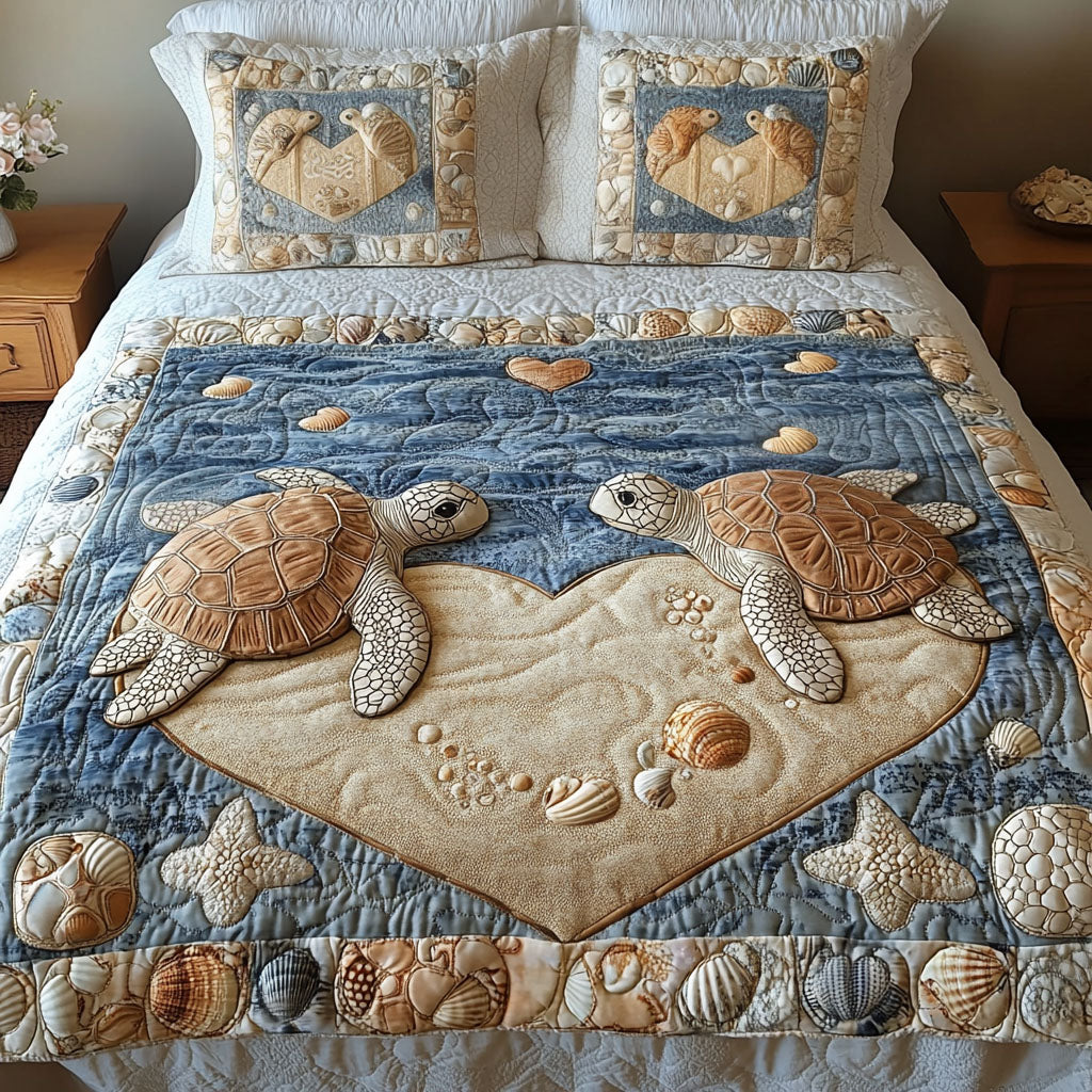Slow and Steady Hearts Quilted Bedding Set Best Sheet Sets Unique Sea Turtle Gifts
