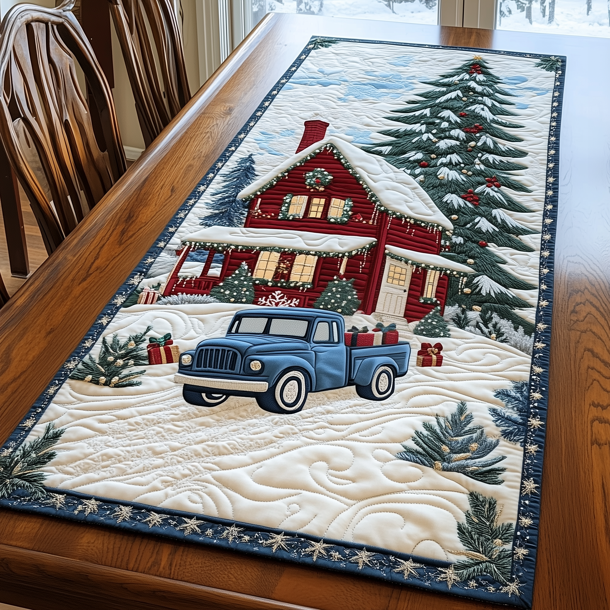 Snow Cabin And Truck Quilted Table Runner Holiday Table Runners Xmas Presents For Mother In Law