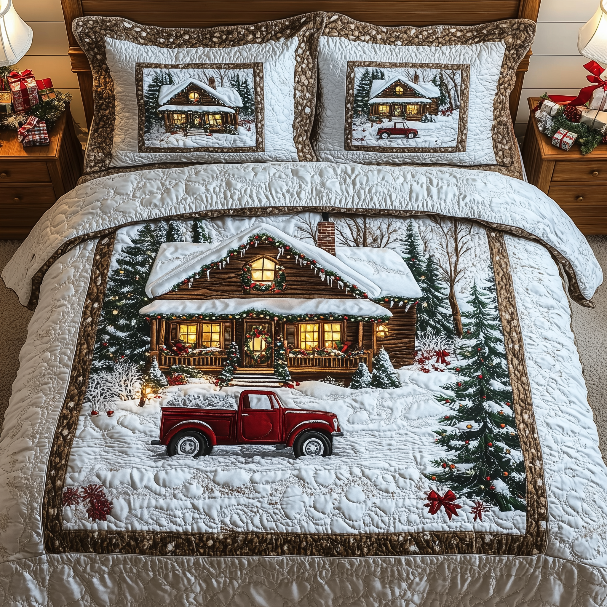 Snow Cabin Quilted Bedding Set Xmas Bedspreads Christmas Presents For Couples