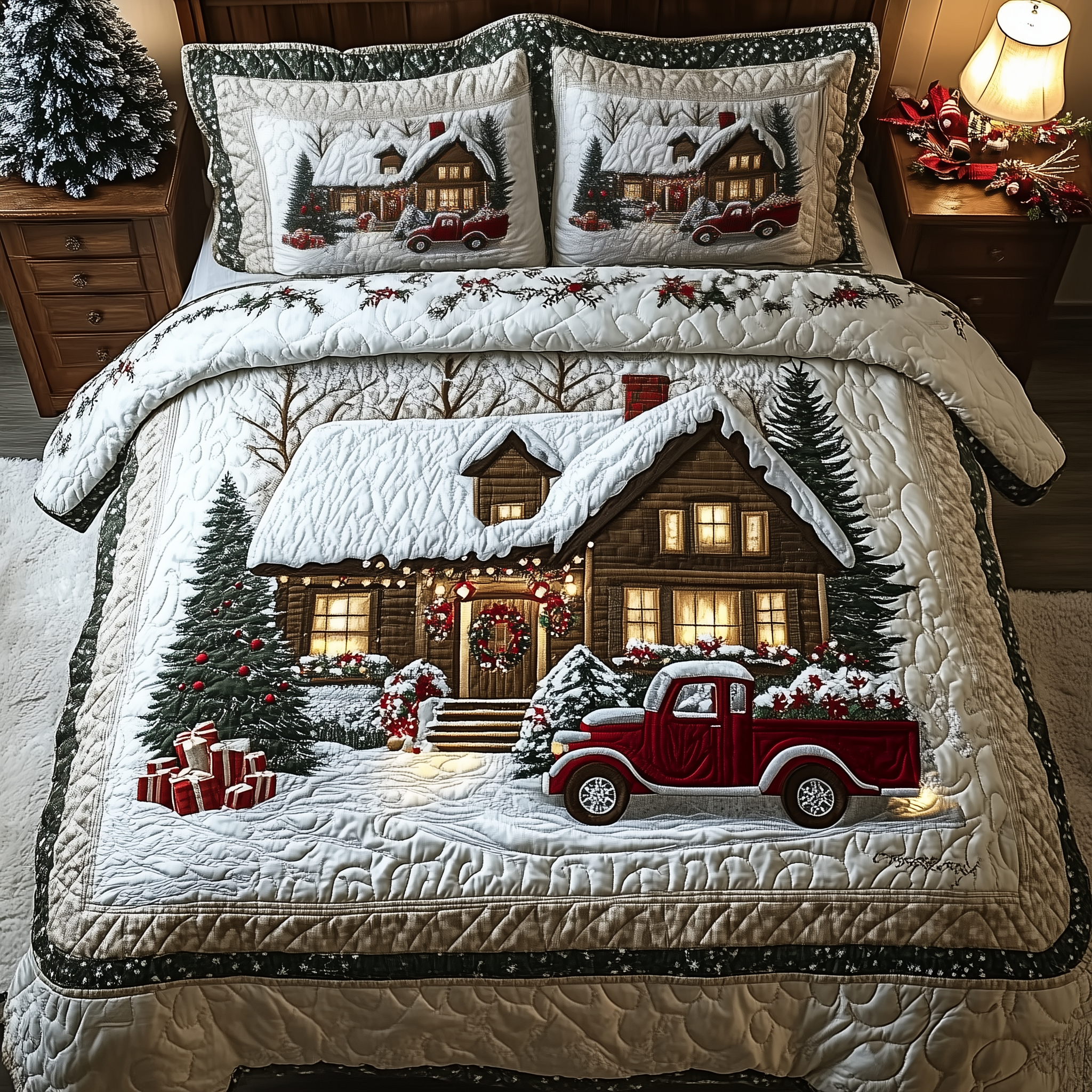 Snow Cabin Quilted Bedding Set Xmas Comforters Holiday Gifts For Couples