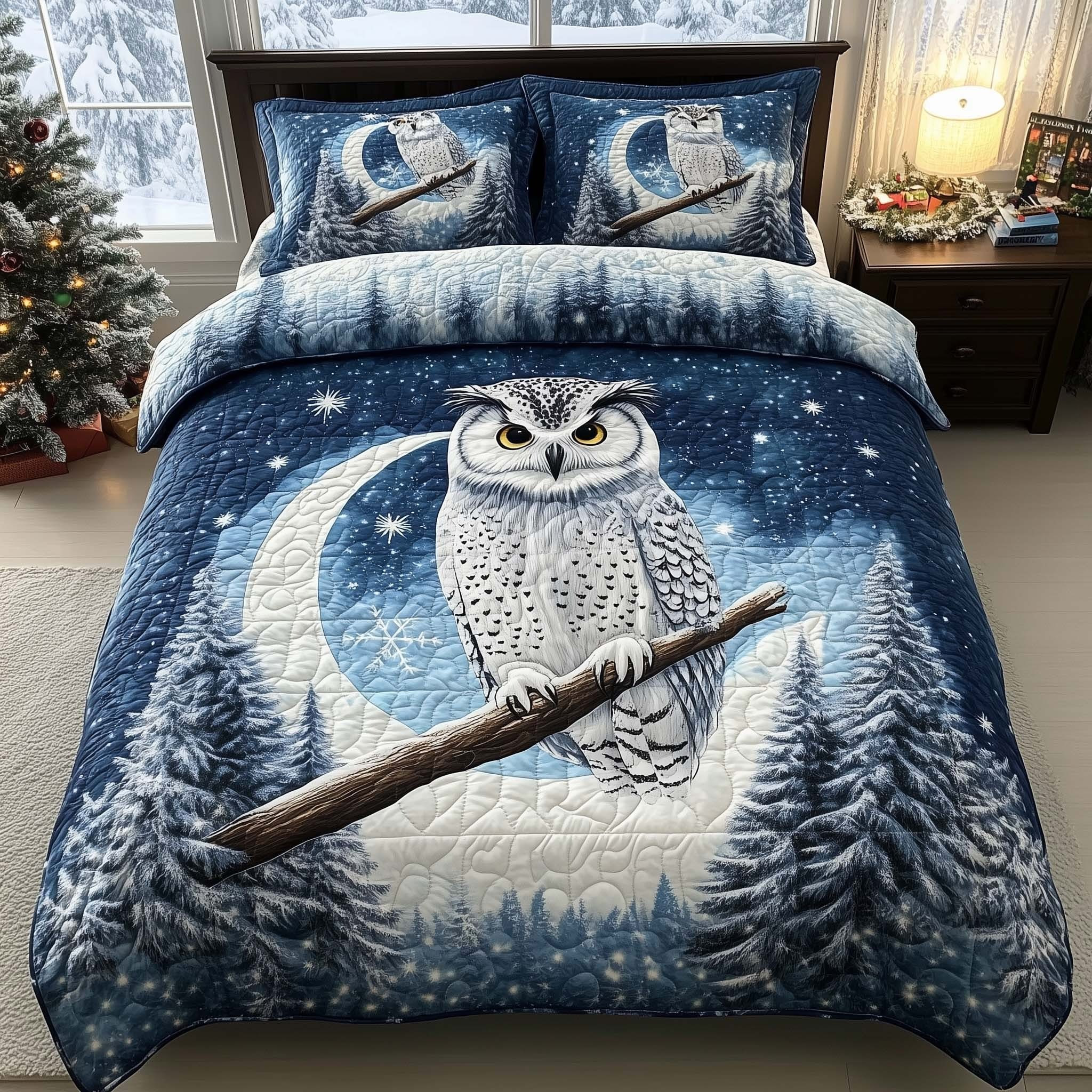 Snow Owl Christmas Quilted Bedding Set Duvet Cover Merch Items Best Owl Gifts For Him Her