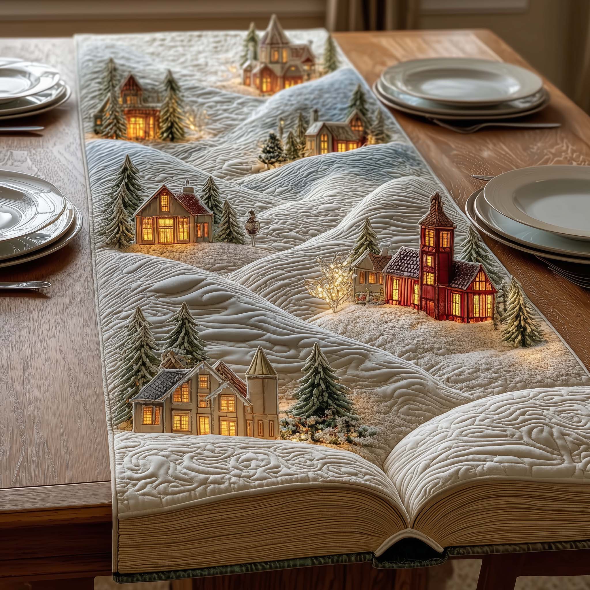 Snow Village Quilted Table Runner Elegant Christmas Table Runners Best Gifts For A Family For Christmas