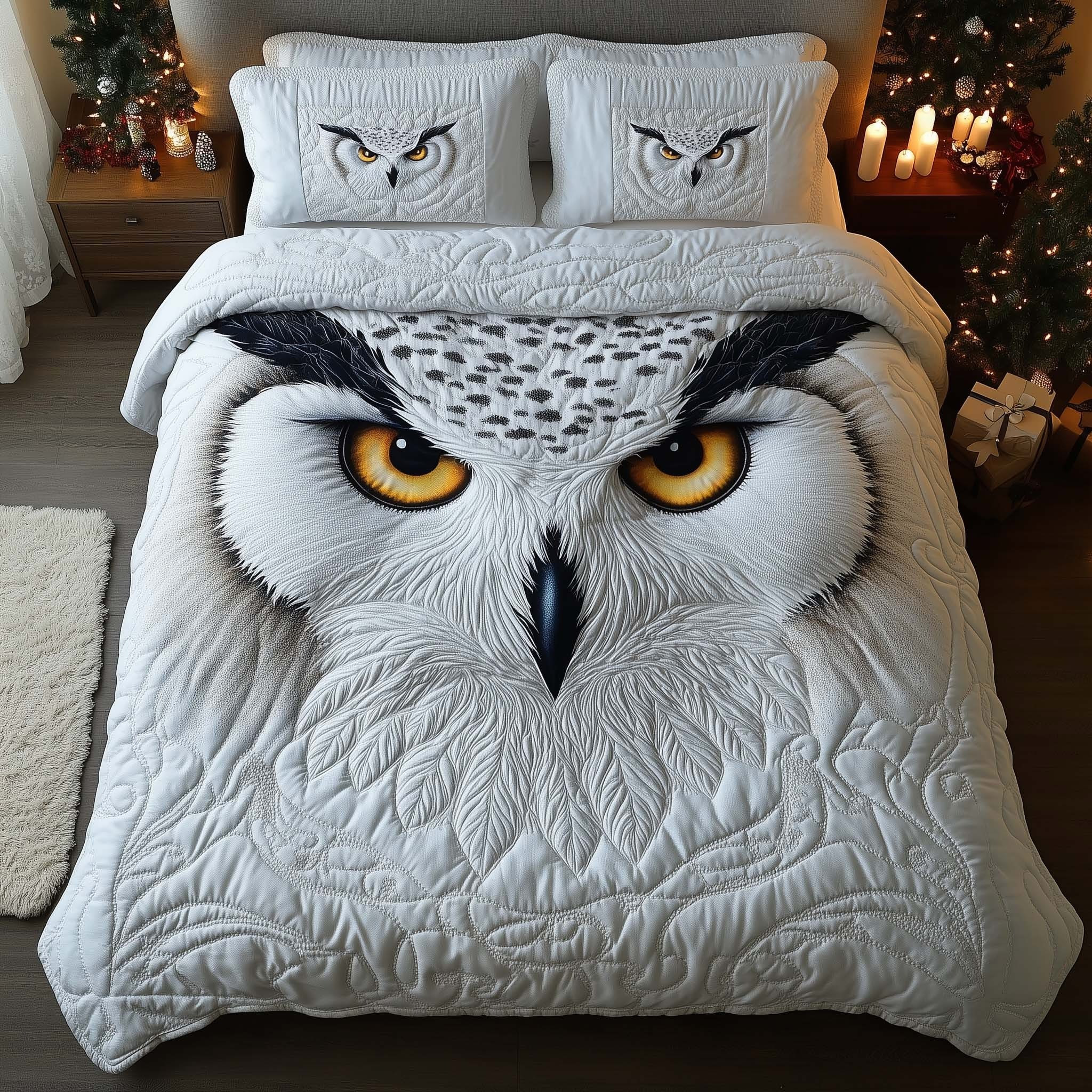 Snow White Owl Christmas Quilted Bedding Set Duvet Cover Best Owl Gifts For Men Women