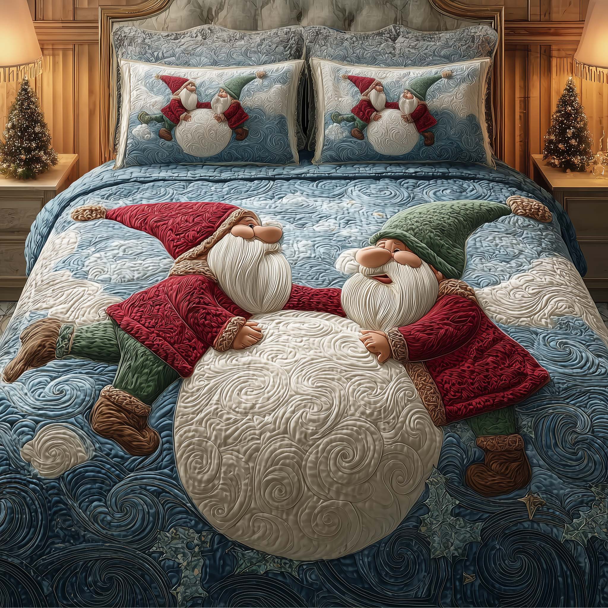 Snowball Gnome Quilted Bedding Set Xmas Bedspreads Best Gnome Gifts