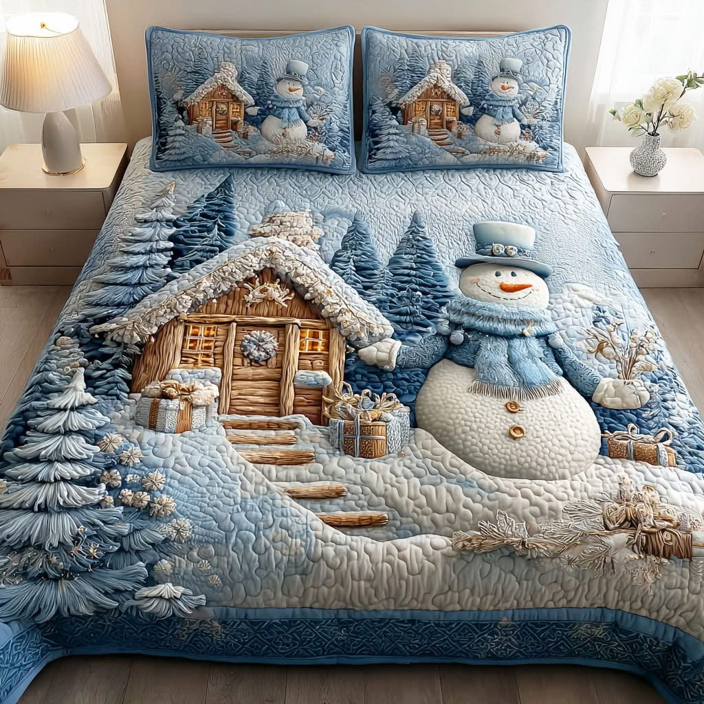 Snowman And Cottage Quilted Bedding Set White Christmas Duvet Cover Ideas For Snowman Lovers