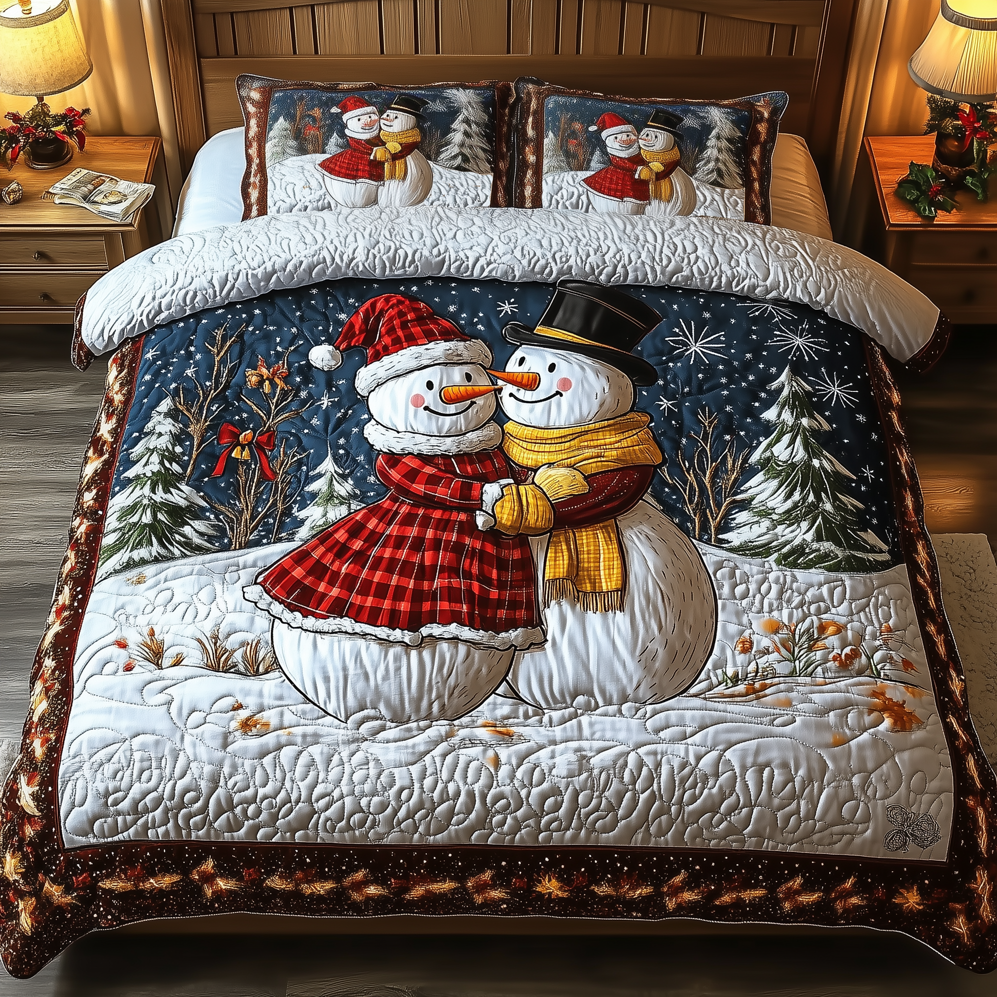 Snowman Couple Quilted Bedding Set Christmas Comforter Sets Christmas Gifts For Married Couples