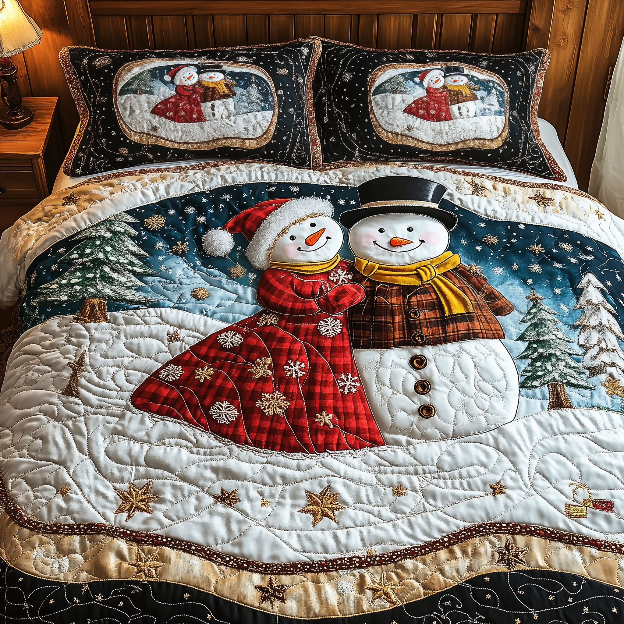 Snowman Couple Quilted Bedding Set Christmas Duvet Cover King Holiday Gifts For Couples
