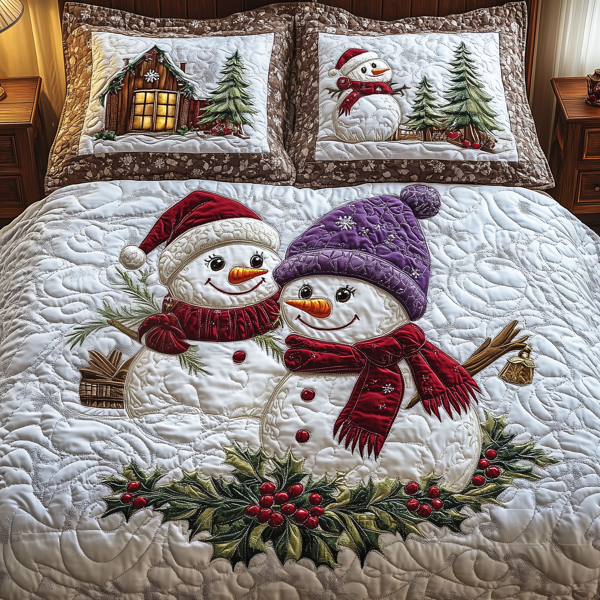 Snowman Couple Quilted Bedding Set Christmas Sheets King Christmas Gifts For Young Couples