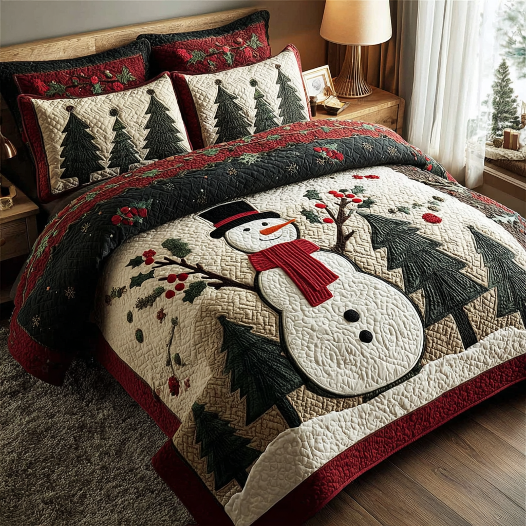 Snowman Delight Quilted Bedding Set Holiday Duvet Covers Snowman Gifts For Adults
