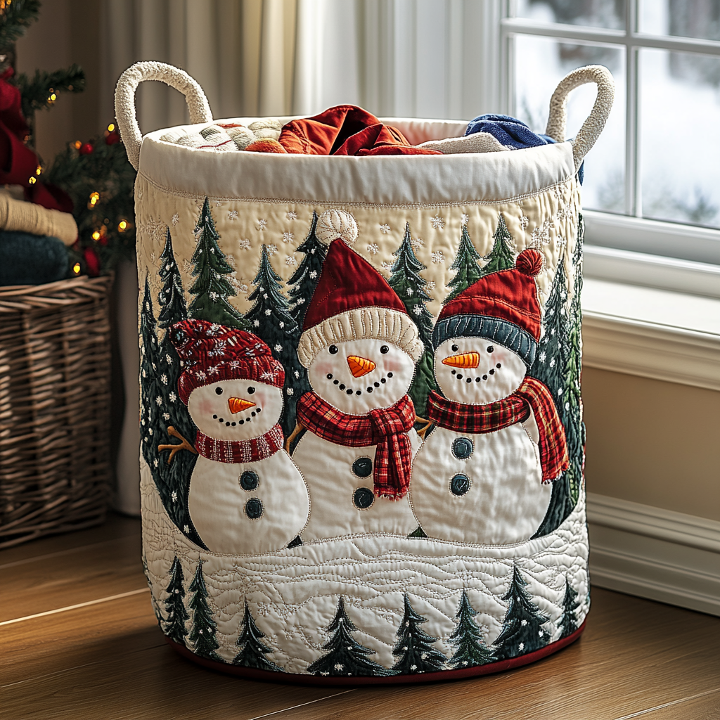 Snowman Dreams Quilted Laundry Basket Foldable Laundry Hamper Christmas Gifts