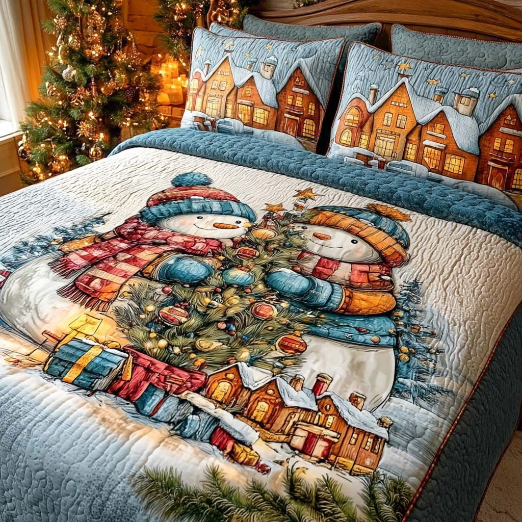 Snowman Festive Frost Christmas Quilted Bedding Set Holiday Duvet Cover Gifts For Wife