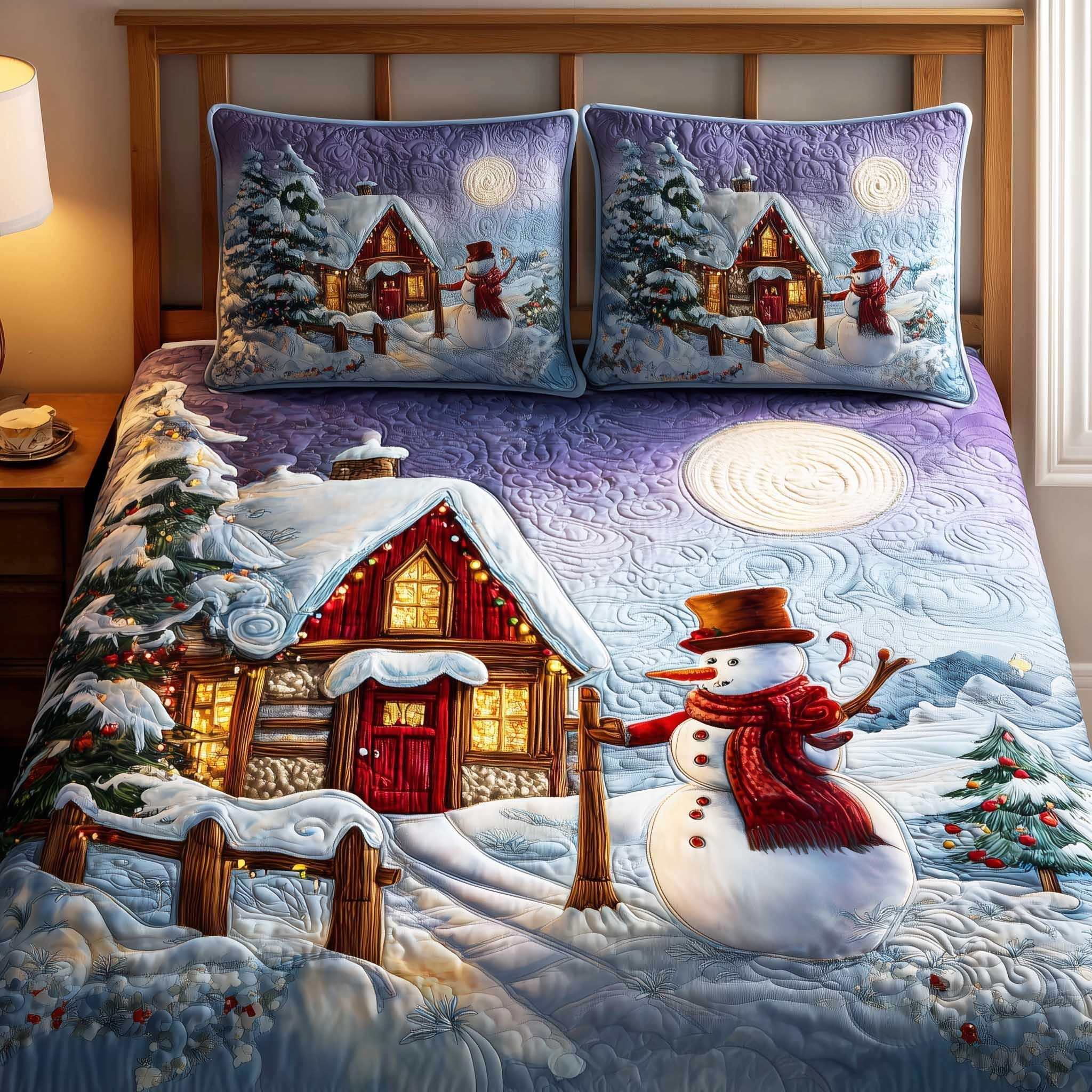 Snowman Moonlit Cabin Quilted Bedding Set Christmas Bedroom Decor Gifts For Snowman Lovers