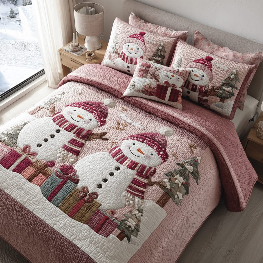 Snowman Pink Quilted Bedding Set Cute Holiday Bedroom Decoration Christmas Gifts Ideas