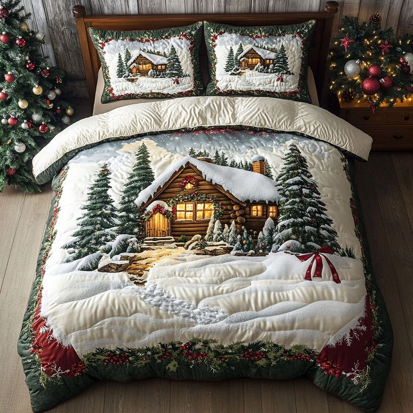 Snowy Cabin Quilted Bedding Set Christmas Bedding Duvet Cover Gifts For Loved Ones