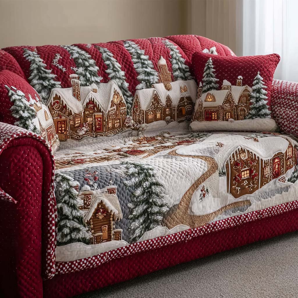Snowy Cabin Quilted Sofa Cover Holiday Living Room Decor Family Christmas Gifts