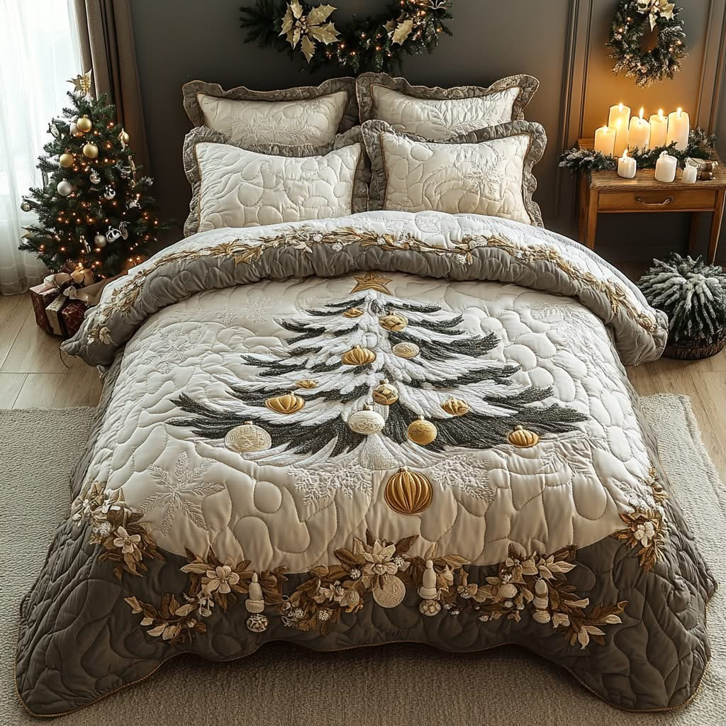 Snowy Elegance Tree Christmas Quilted Bedding Set Holiday Duvet Cover Great Xmas Gifts