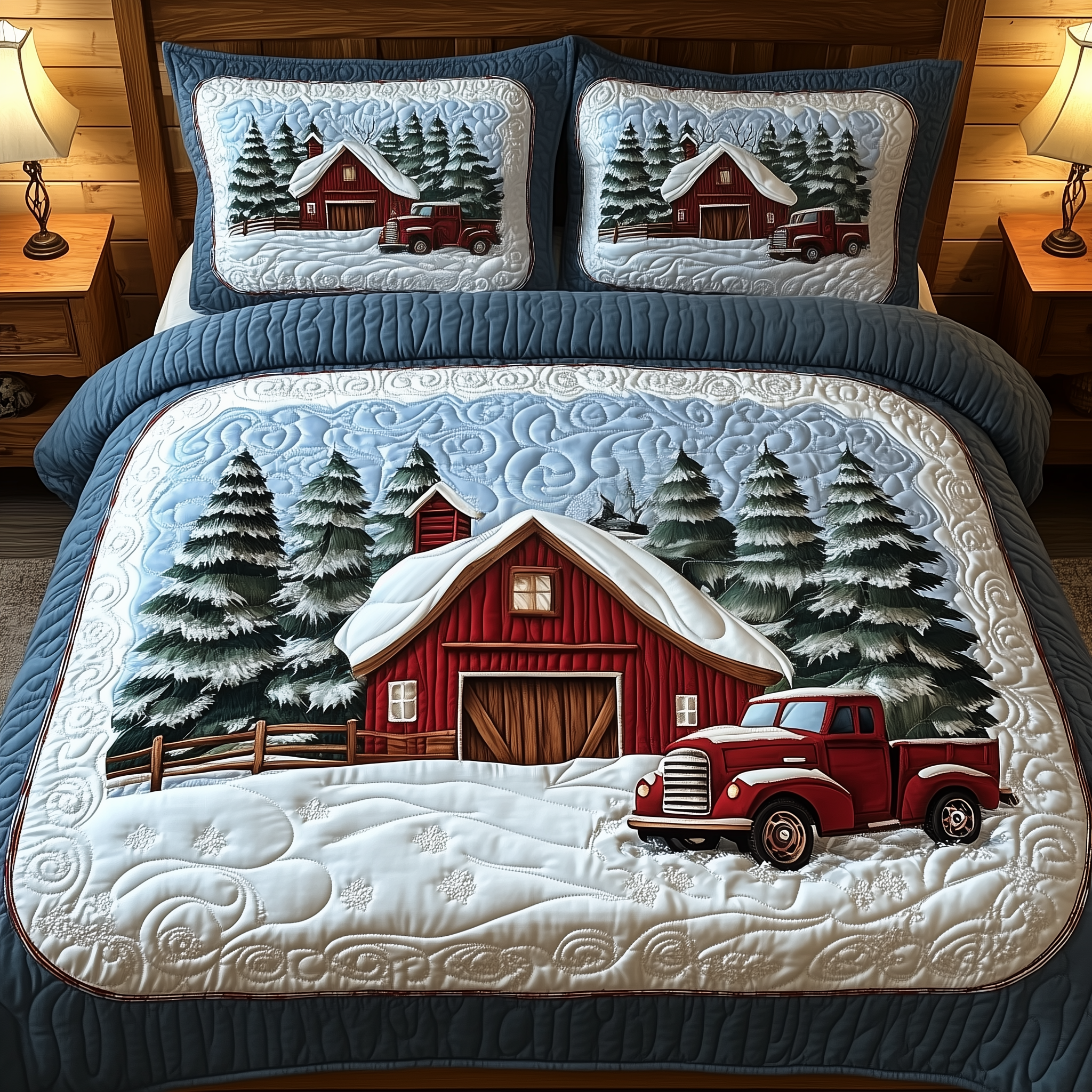 Snowy Farmhouse Barn Quilted Bedding Set Bedroom Decor Christmas Christmas Gifts For Husband