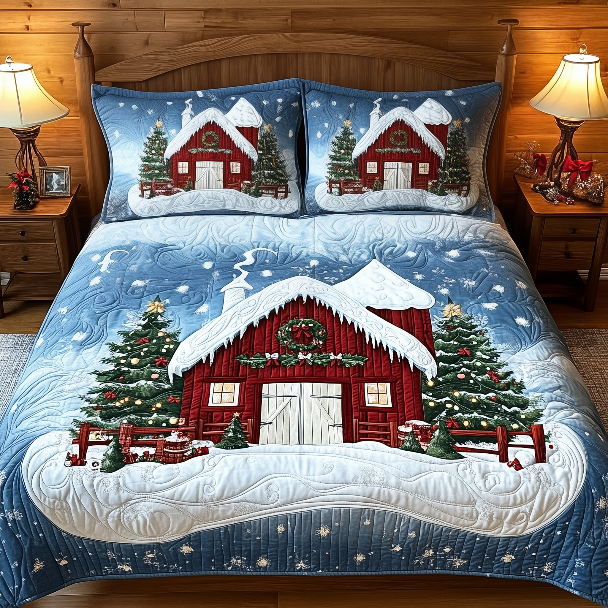 Snowy Farmhouse Barn Quilted Bedding Set Bedroom Xmas Decor Xmas Gift Ideas For Couples