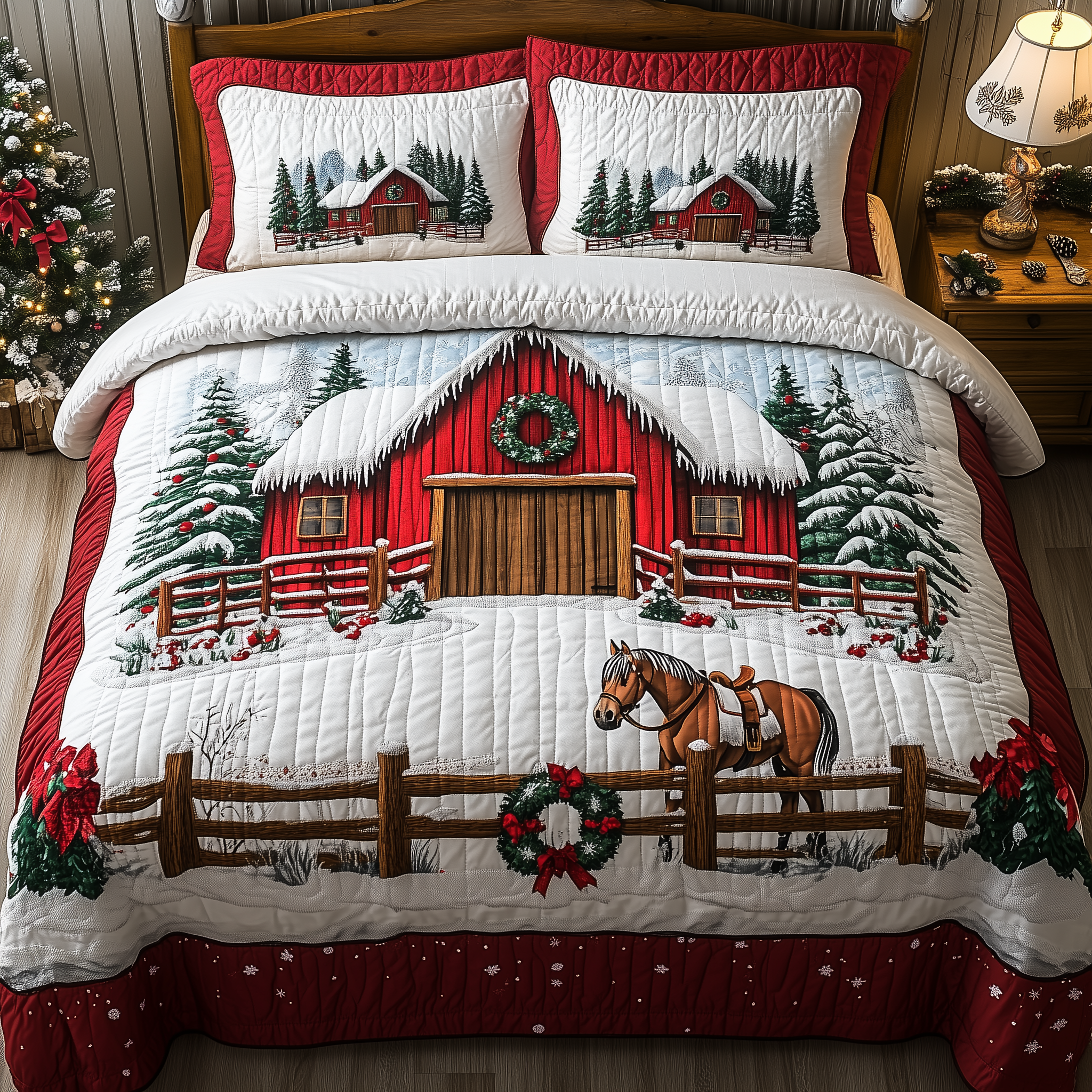 Snowy Horse Farmhouse Quilted Bedding Set Christmas Duvet Cover Queen Useful Gifts For Horse Owners