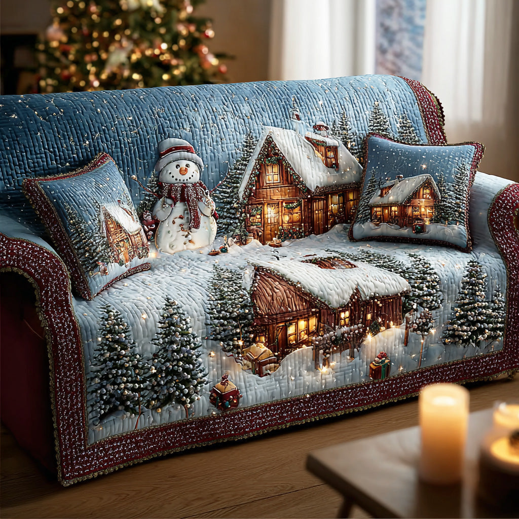 Snowy Magic Village Quilted Sofa Cover Christmas Living Room Decor Xmas Gifts For Family