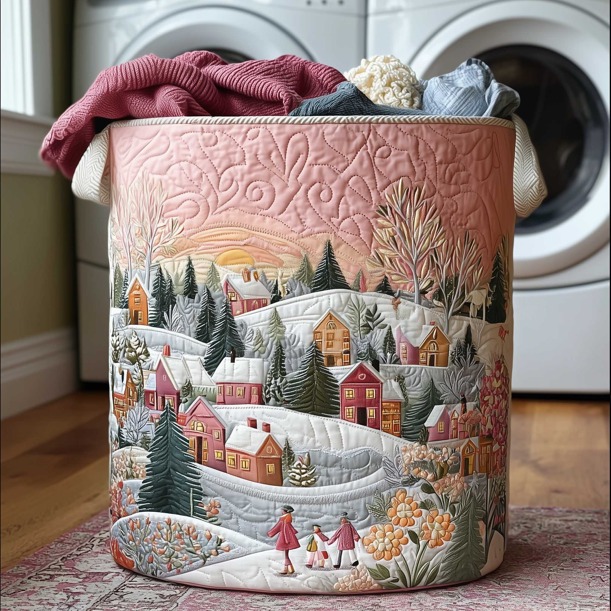 Snowy Town Quilted Laundry Basket Hamper Basket Grandparent Xmas Presents