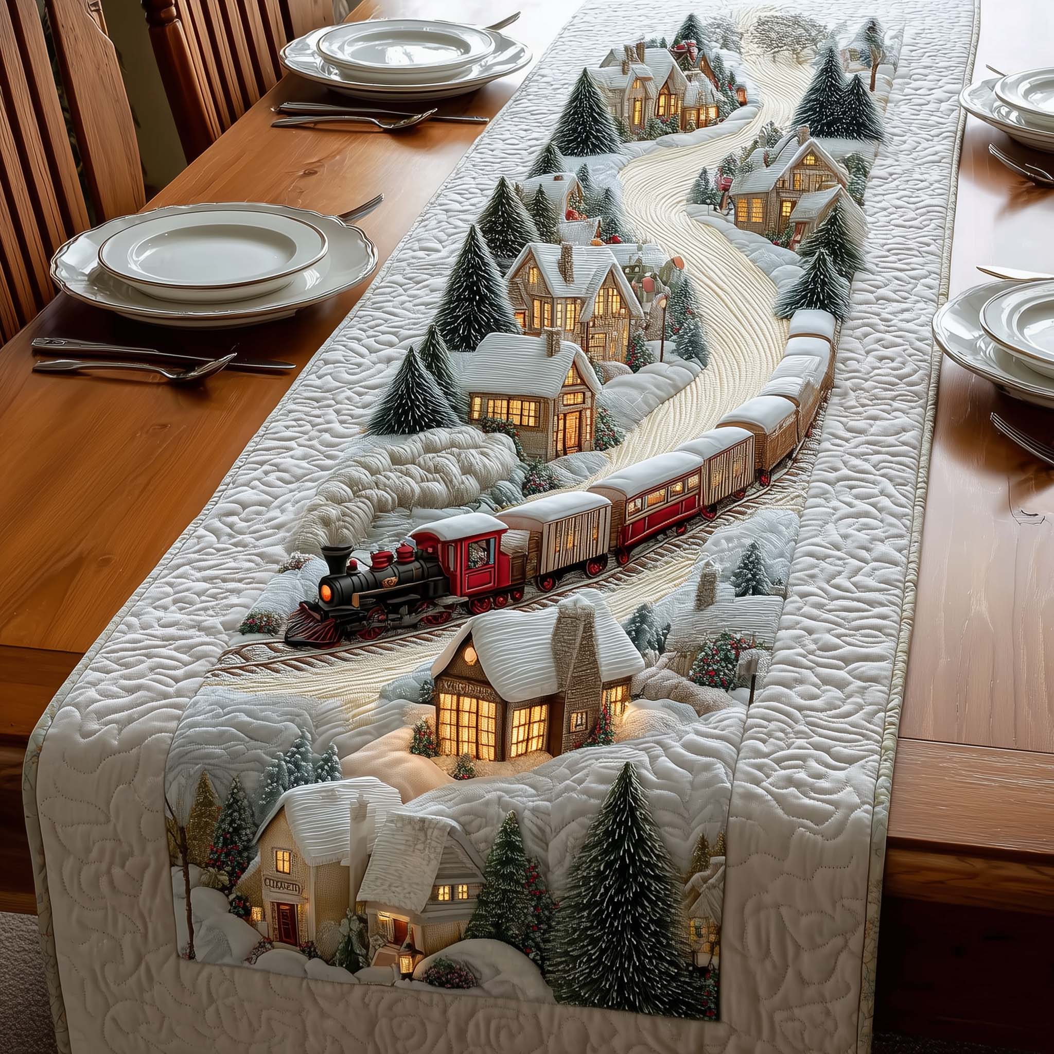 Snowy Village Quilted Table Runner Holiday Dining Table Decor Gifts For The Family Christmas