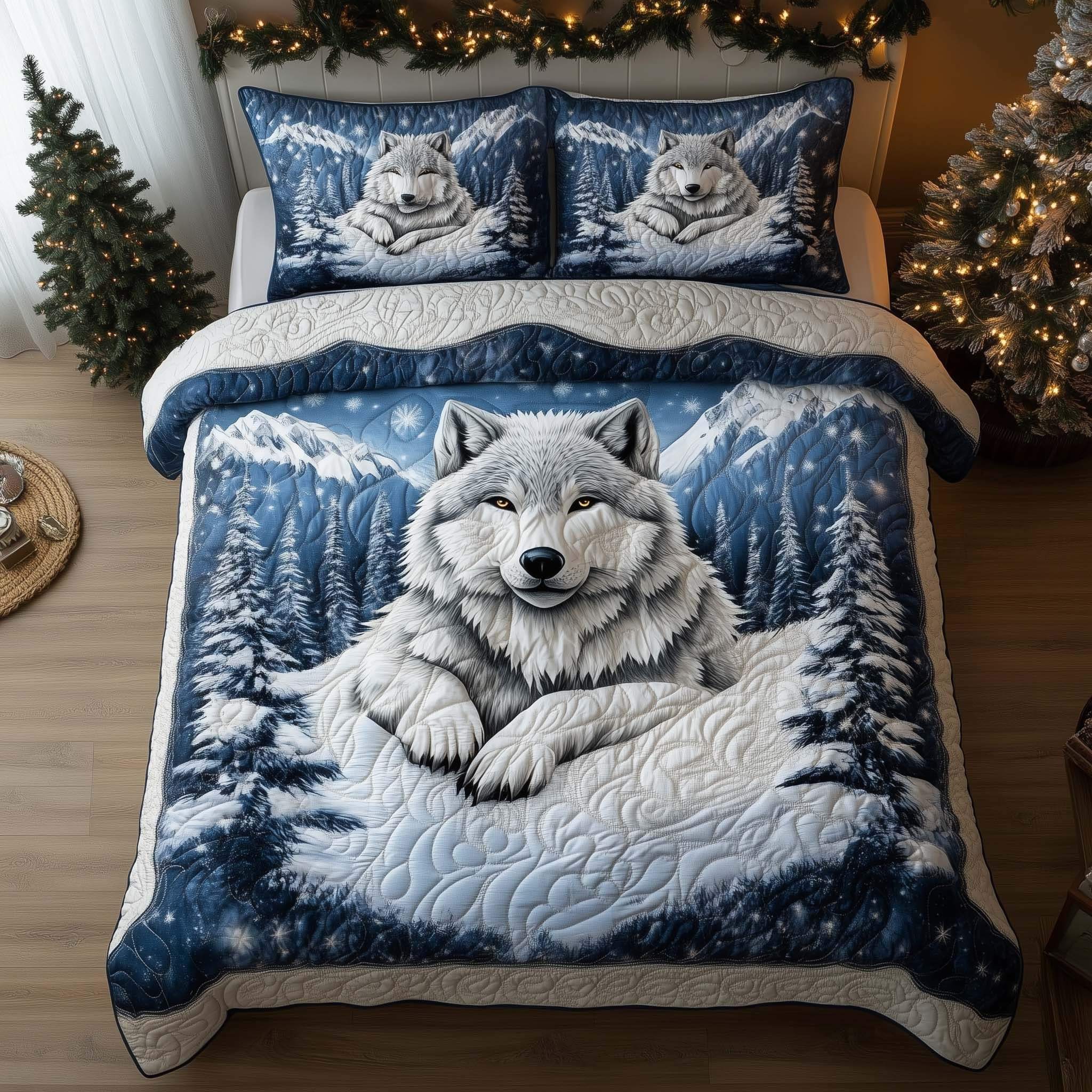 Snowy Wolf Christmas Quilted Bedding Set Duvet Cover Best Themed Wolf Gifts For Him