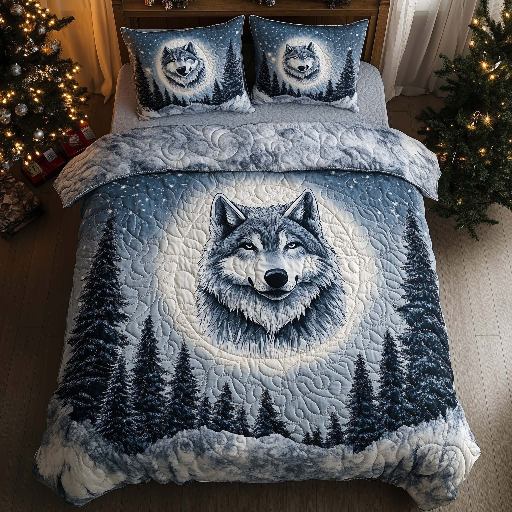 Snowy Wolf Christmas Quilted Bedding Set Duvet Cover Merch Items Best Wolf Gifts For Dad