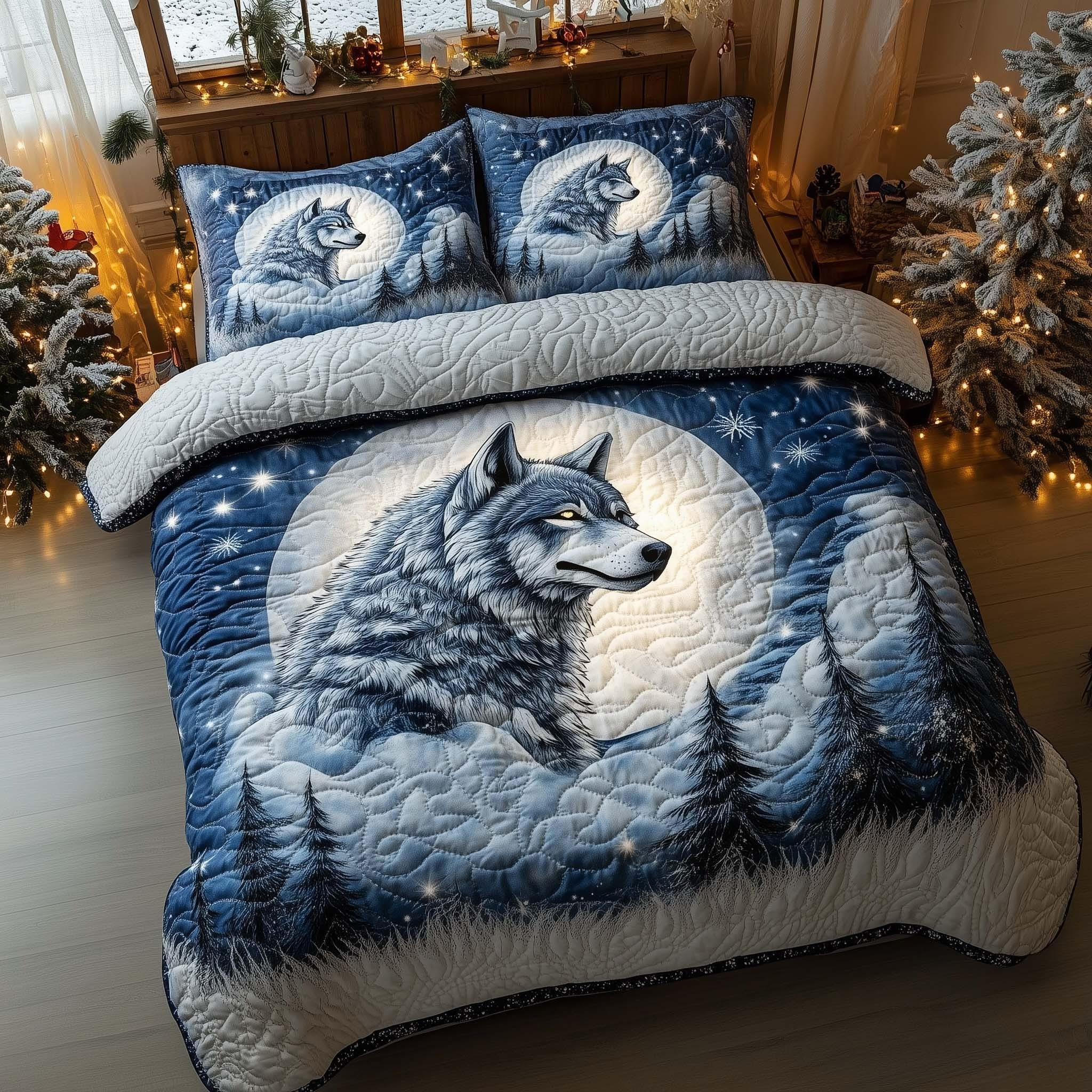 Snowy Wolf Christmas Quilted Bedding Set Duvet Cover Merch Items Gifts With Wolves On Them