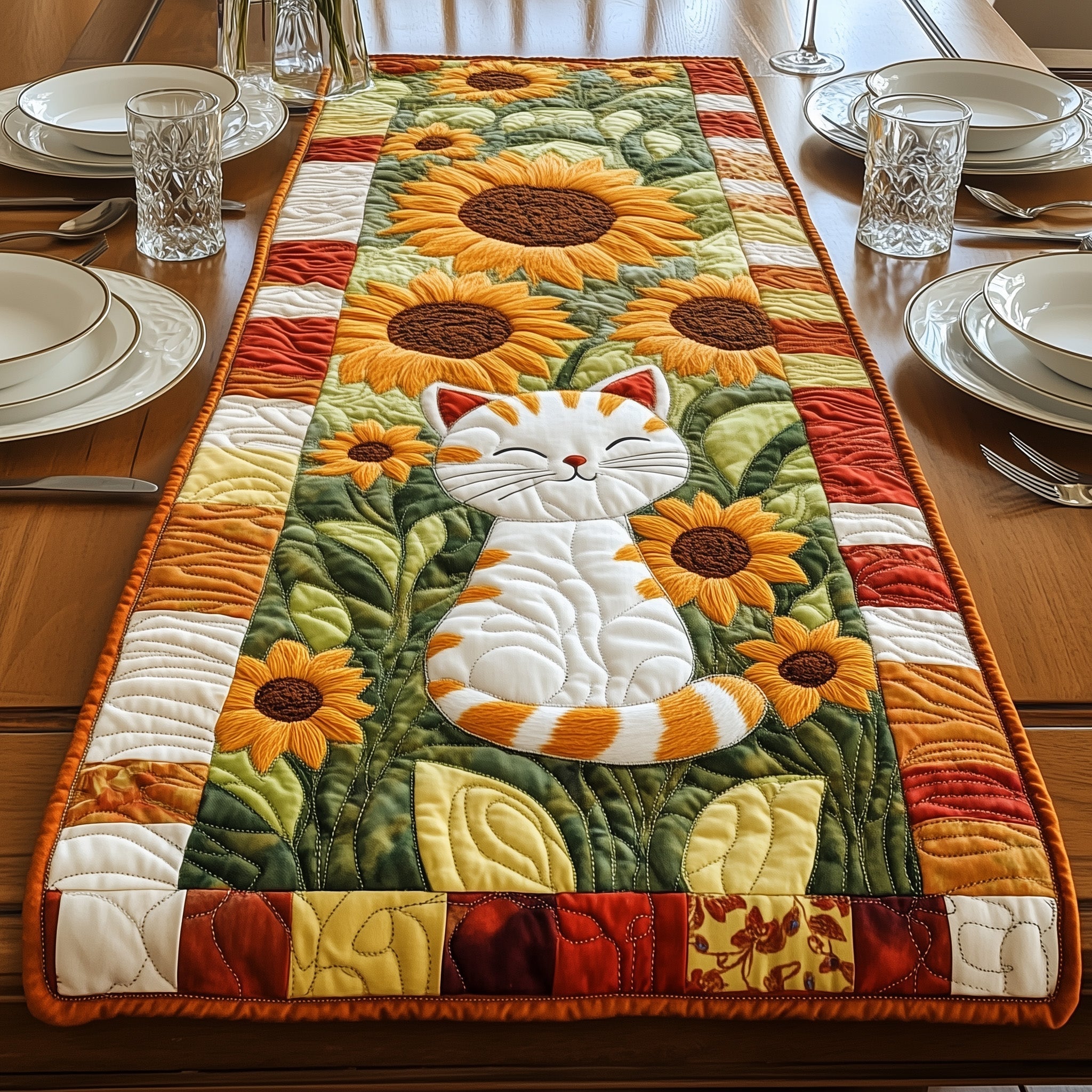 Soft Paws In Golden Blooms Quilted Table Runner Best Table Runner Birthday Gift Cat
