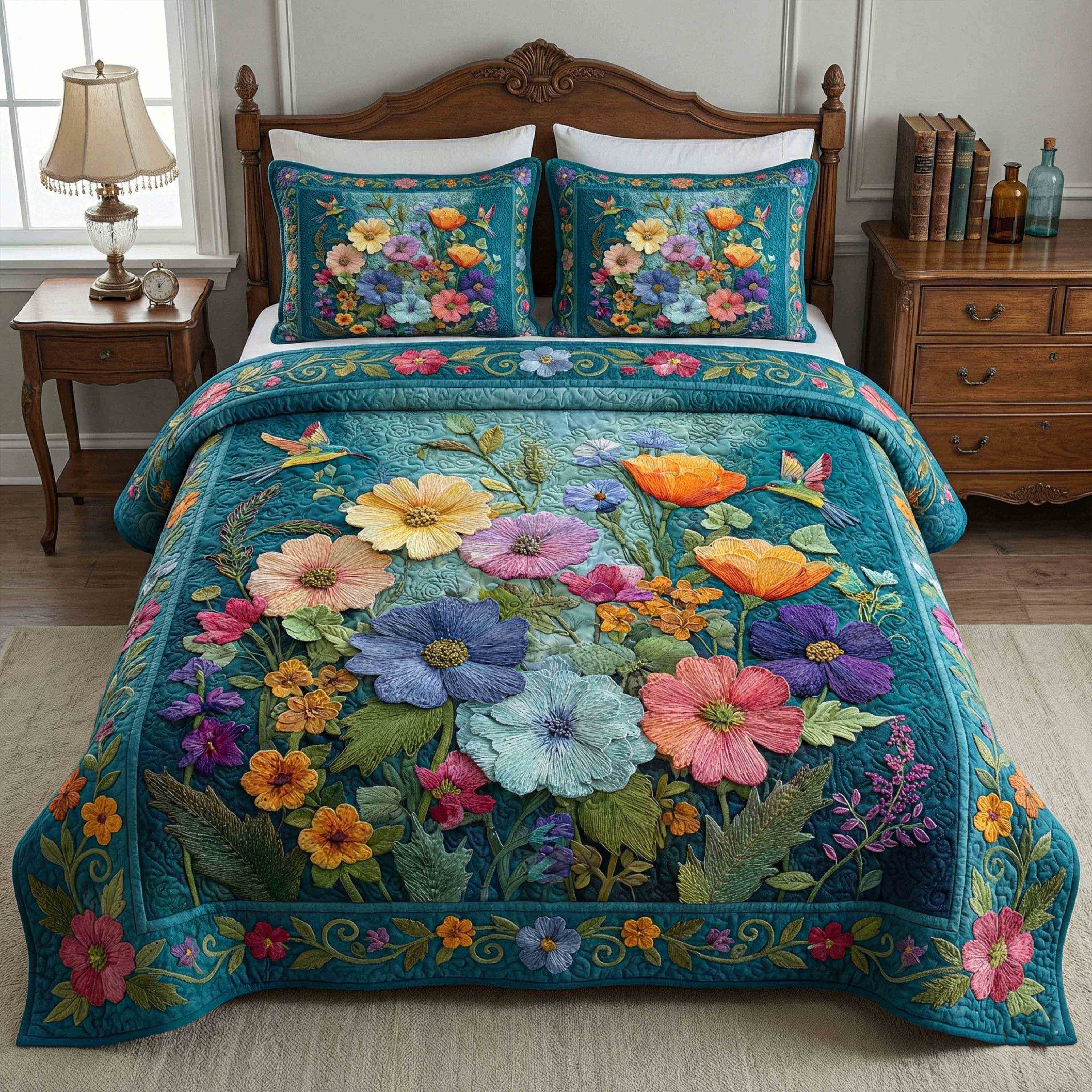 Soft Petal Dream Quilted Bedding Set Bed Room Decoration Hummingbird Themed Gifts
