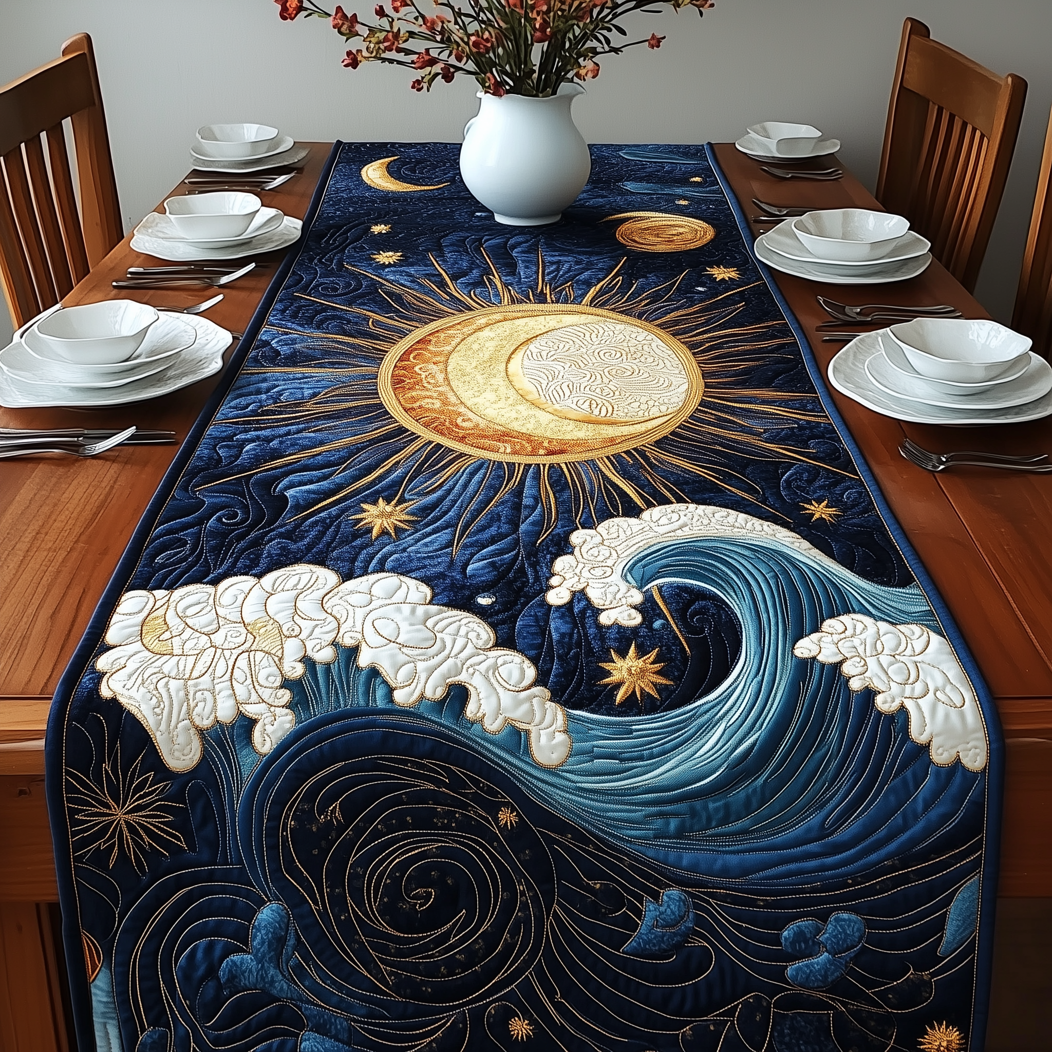 Sound Of Ocean Quilted Table Runner Long Dining Table Runner Moms Day Gift Ideas