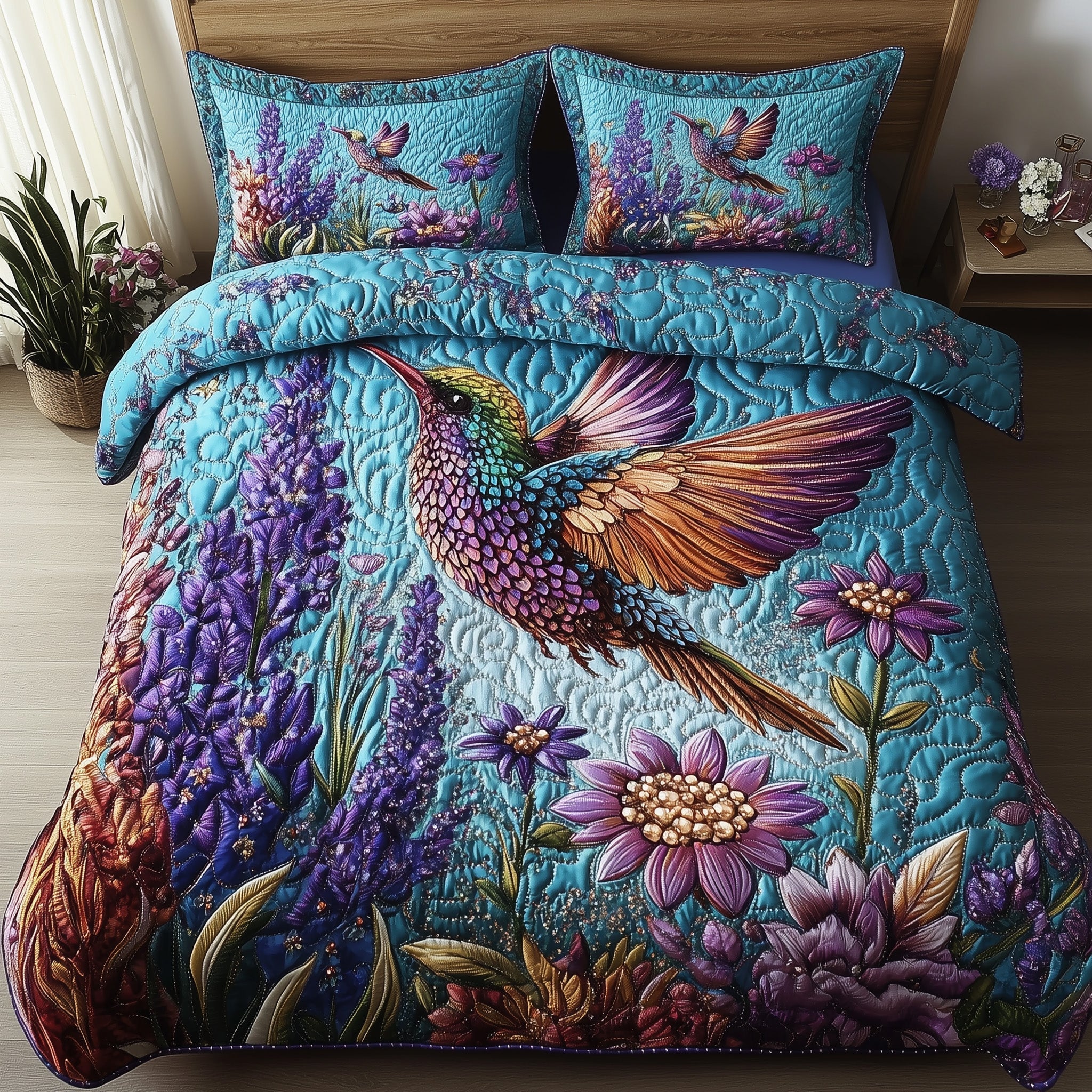 Sparkling Hummingbird Quilted Bedding Set Best King Bed Sheets Birthday Presents For Hummingbird Lovers