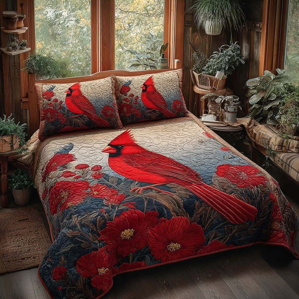 Spirit Of Nature Quilted Bedding Set Red Cardinal Bed Sheet Set Cardinal Gift Items