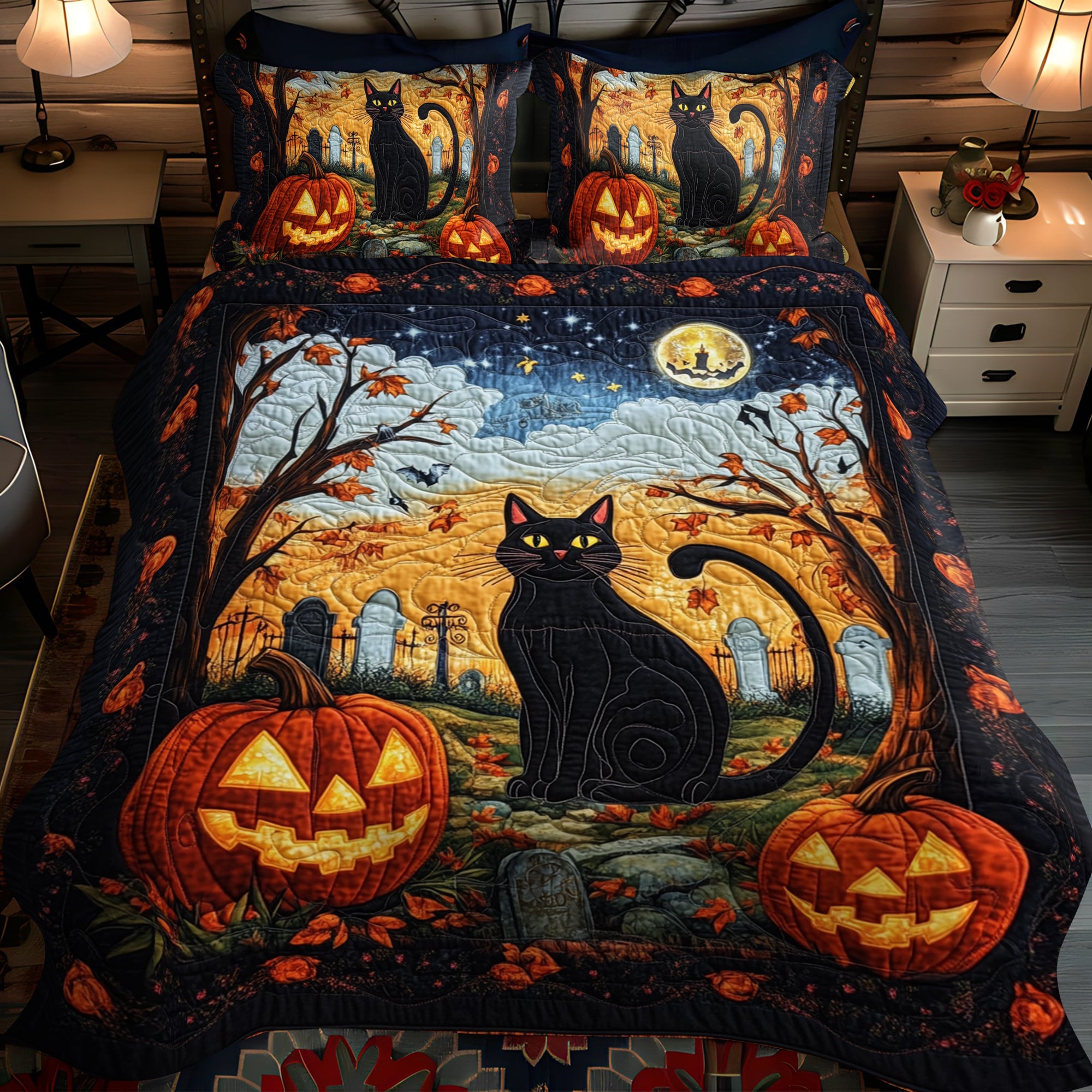 Spook-tacular Black Cat Quilted Bedding Set Unique Bed Sheet Set Cool Gifts For Cat Owners