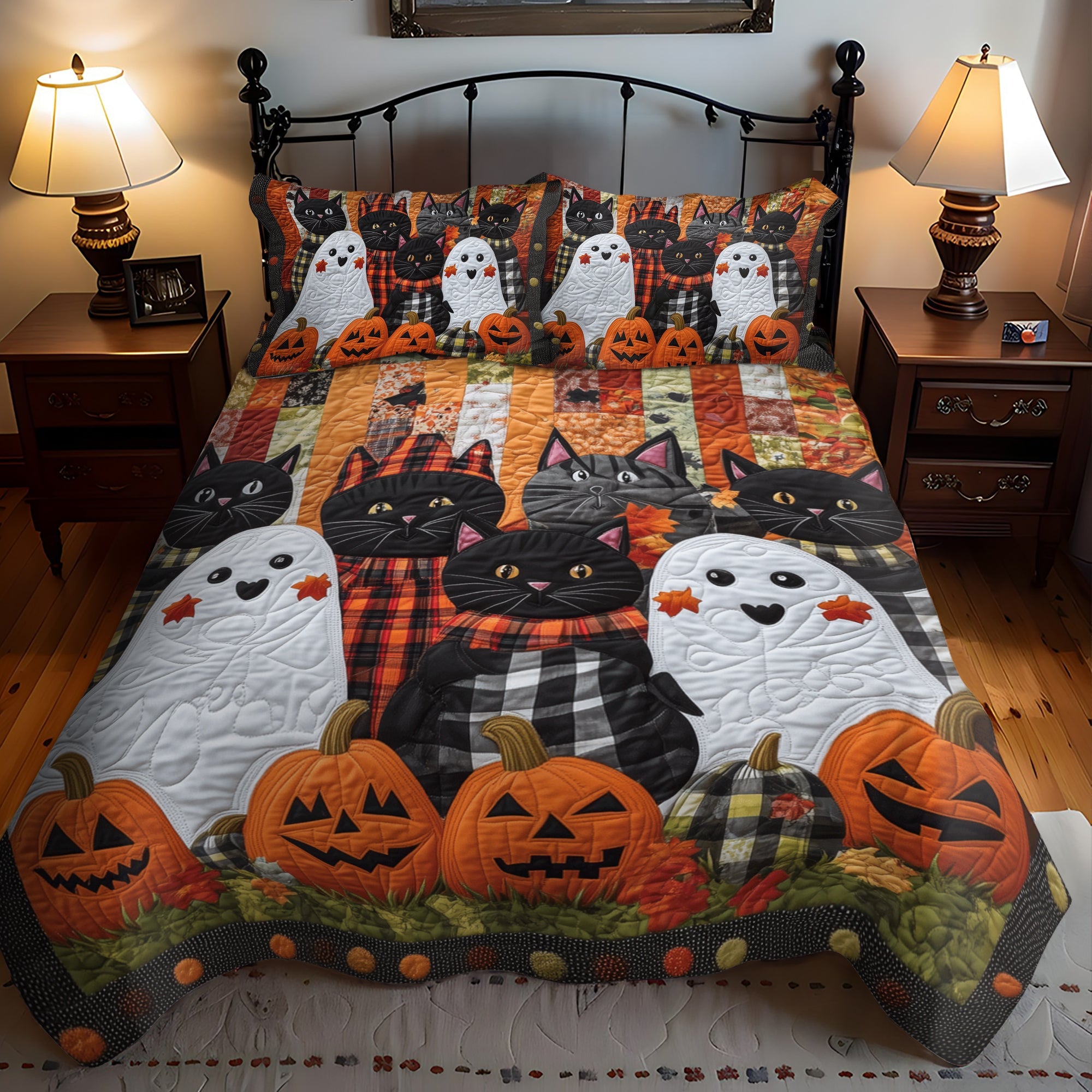 Spooky Feline Quilted Bedding Set Unique Bed Sheet Set Halloween Gifts For Adults