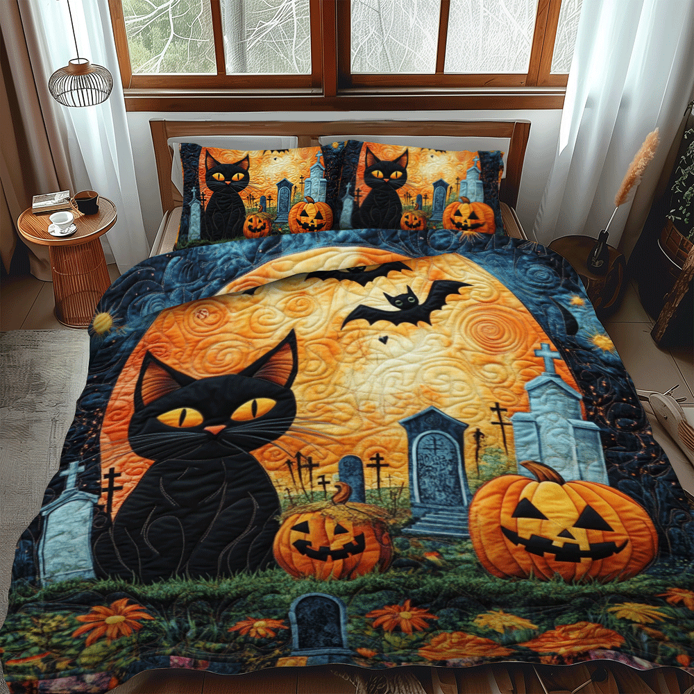 Spooky Halloween Cat Quilted Bedding Set Unique Bed Sheet Set Cat Gift Amazing