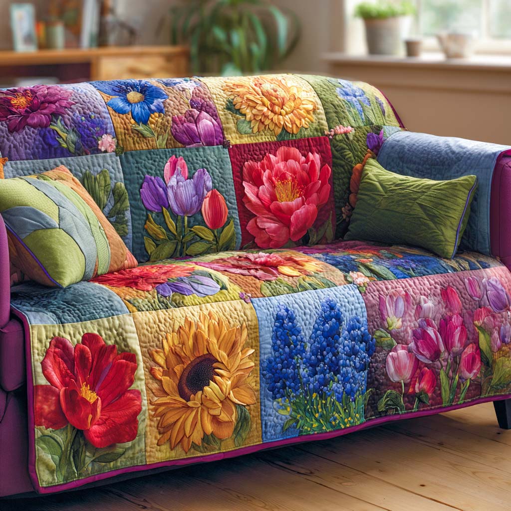 Spring Blossom Patchwork Quilted Sofa Cover Living Room Decor Hippie Style Gifts